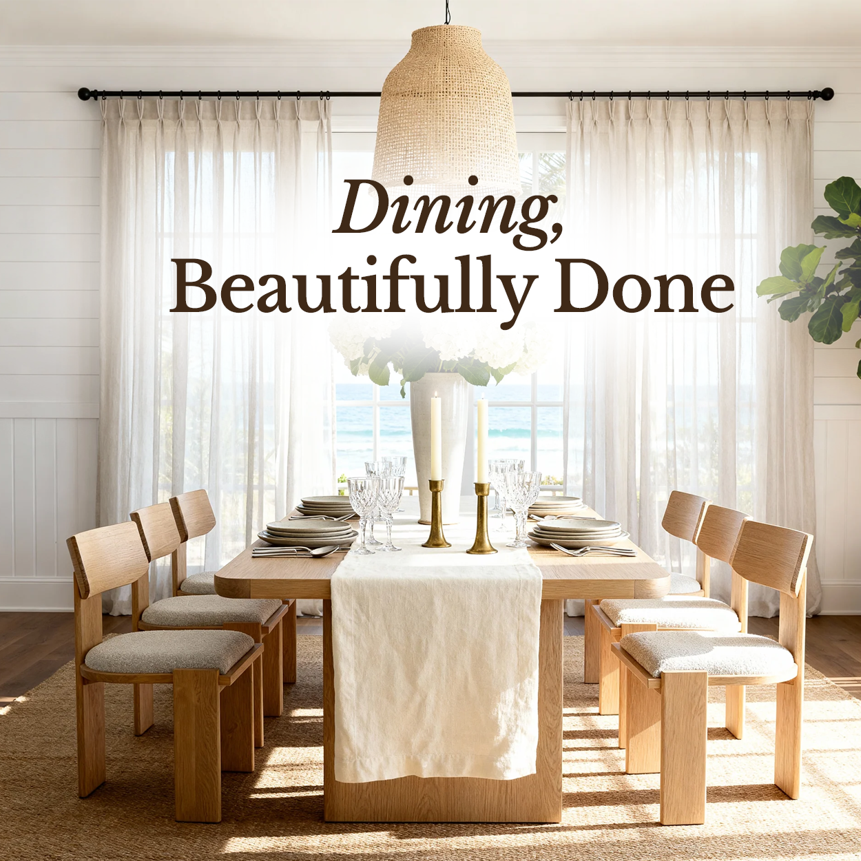 Liverpool Pine Dining Table 240cm with 8 Chairs - Natural shown in a styled dining room laid with candles and linen