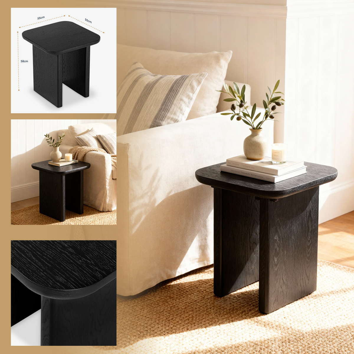 Liverpool Pine End Table - Black shown with a measured drawing beside bedside styling and a grain close-up