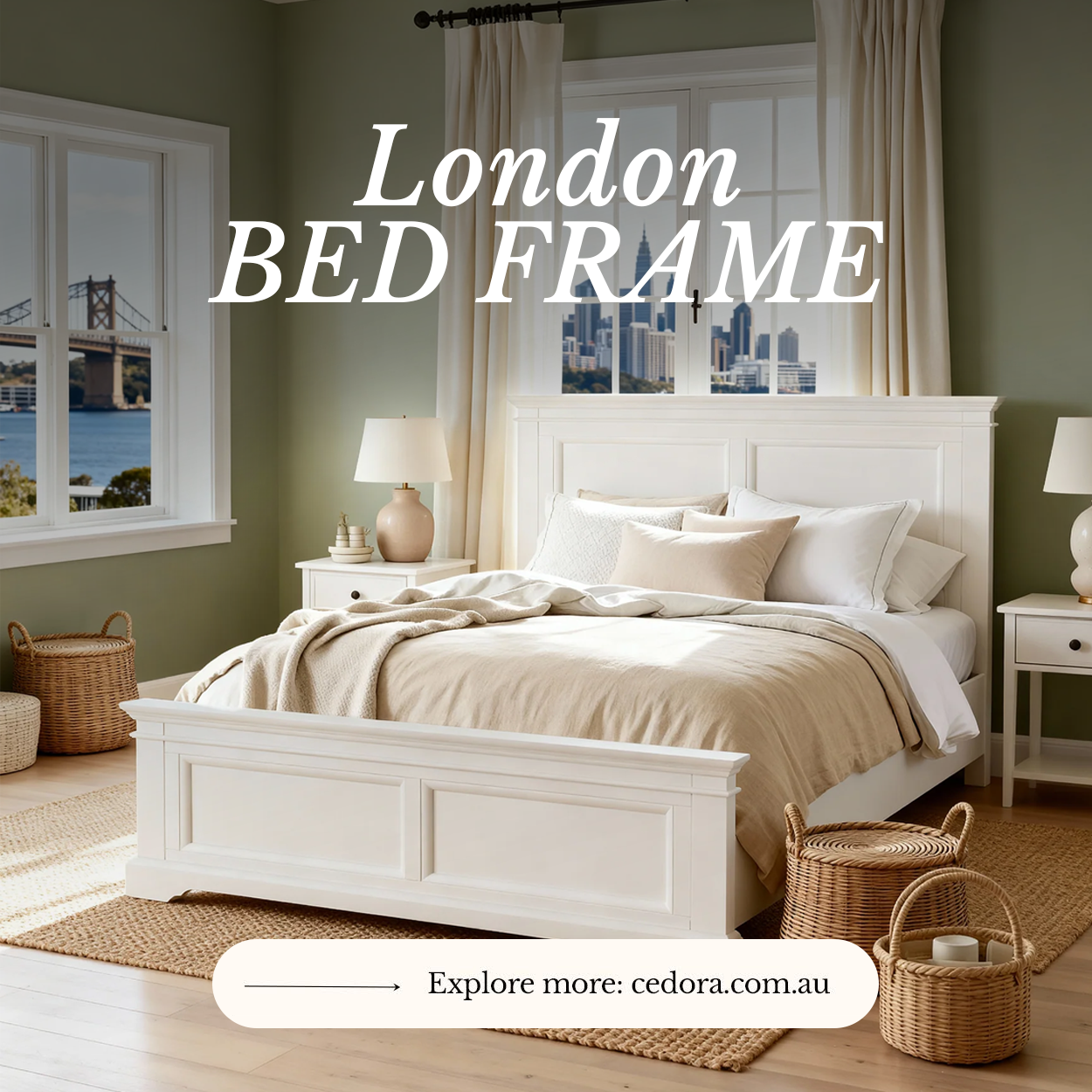 London Pine Bed Frame made up in white linen against a sage green wall with woven baskets alongside, in a Cedora advert