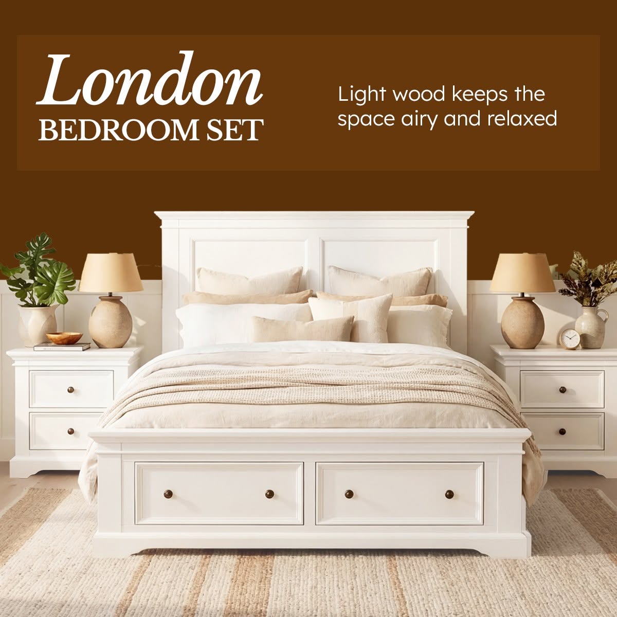 London Pine Queen Bed Frame with 2 Drawers flanked by two bedside tables and lit table lamps