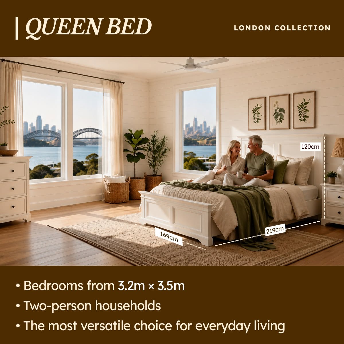 London Pine Queen Bed Frame shown with a couple seated on it by harbour windows, in a Cedora sizing graphic
