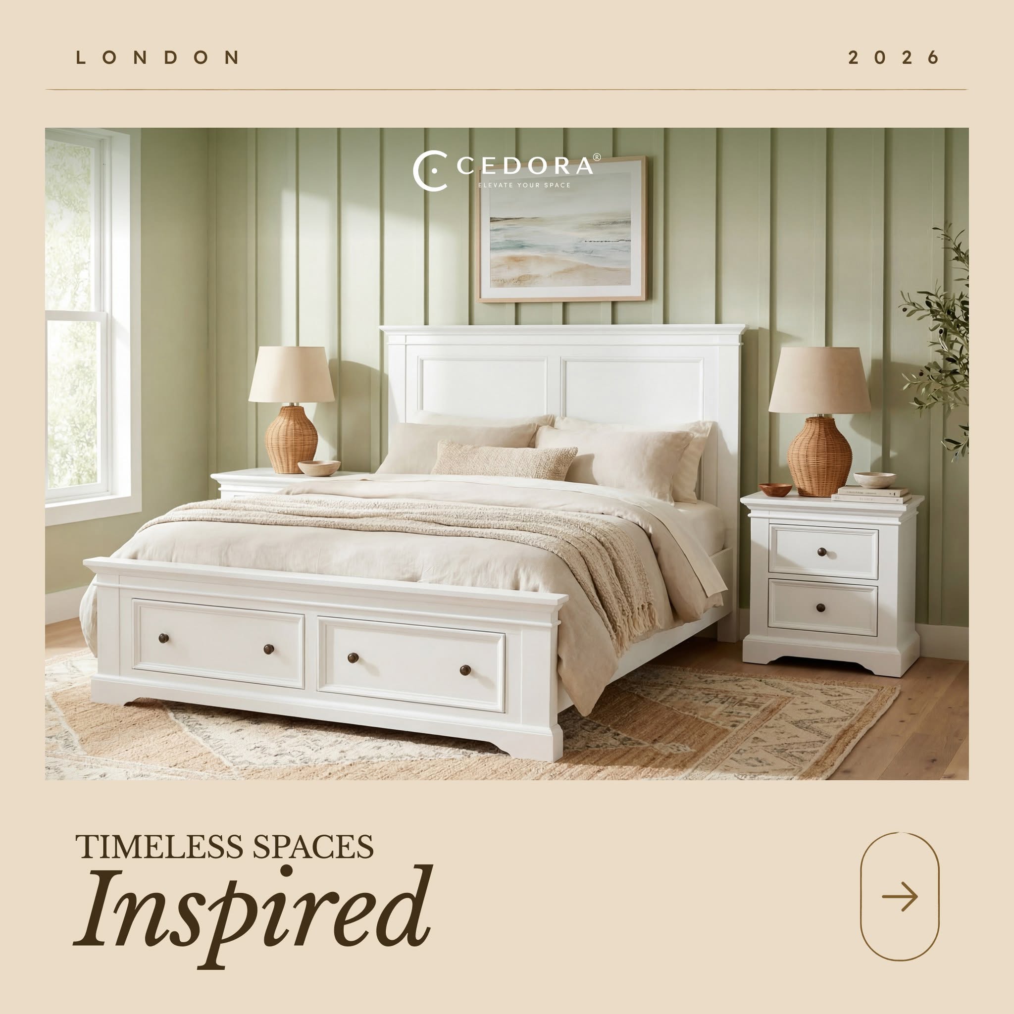 London Pine bedroom range beside a bedside table and lamps on green panelling, in a Cedora advert captioned Timeless Spaces