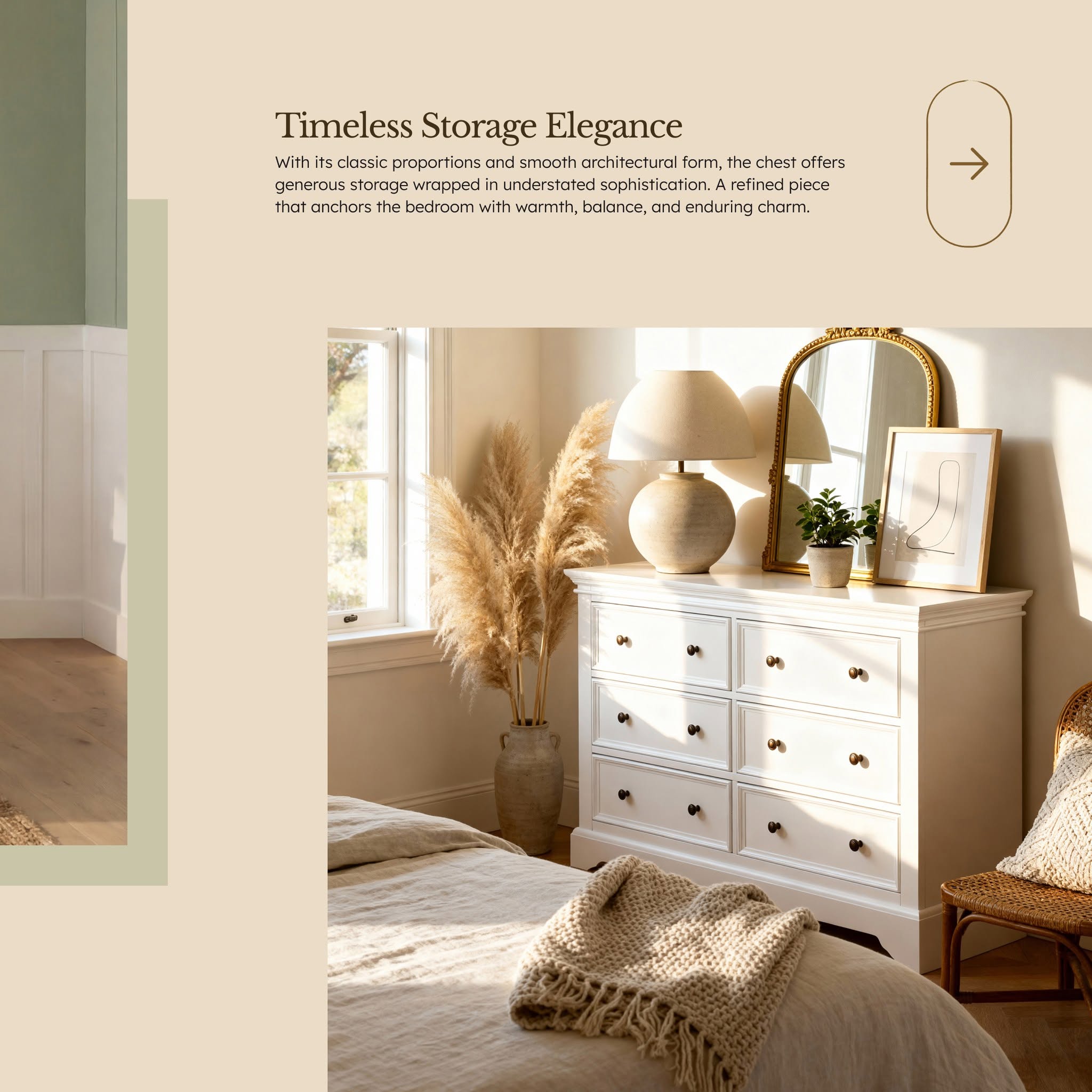 London Pine 6 Drawer Chest styled with pampas grass and framed prints, in a Cedora advert captioned Timeless Storage Elegance