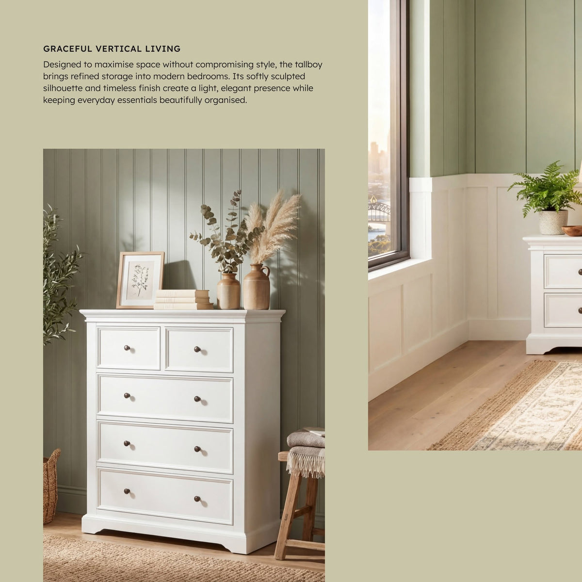 London Pine 5 Drawer Tallboy against green panelling with dried grasses, in a Cedora advert