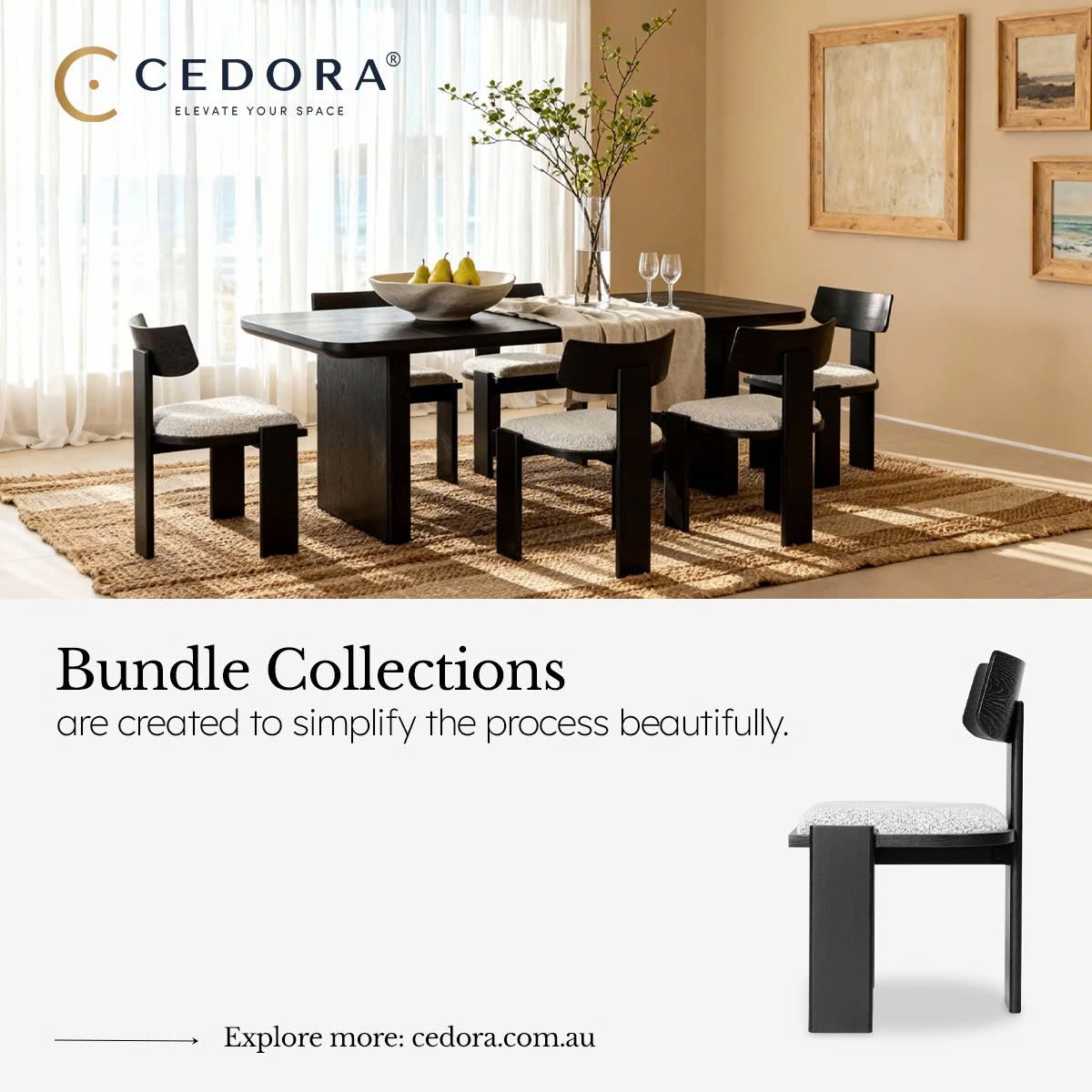 Liverpool Pine Dining Table with Chairs - Black set with fruit and glassware beneath framed artwork