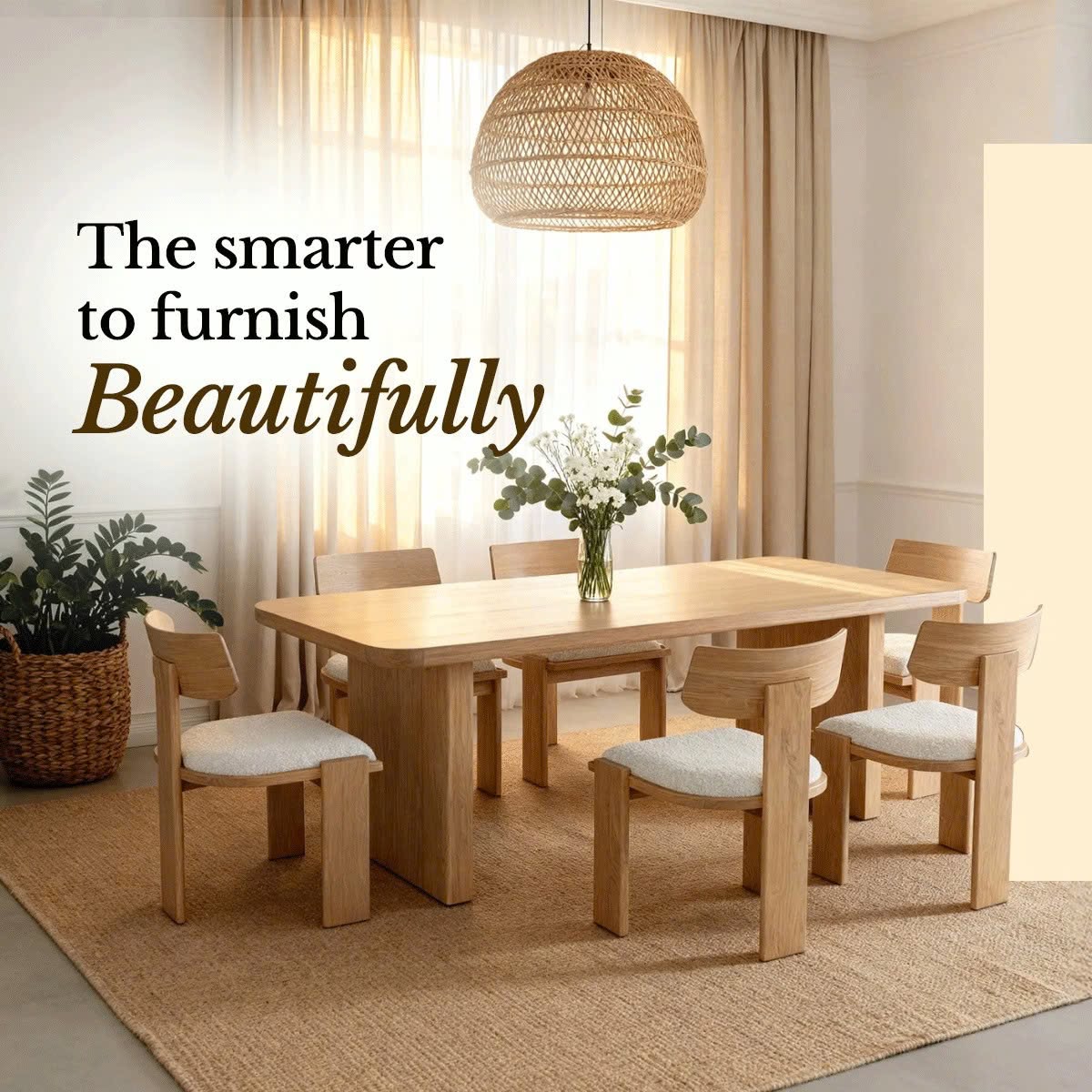 Liverpool Pine Dining Table with 6 Chairs - Natural set under a woven pendant on a jute rug, in a Cedora advert