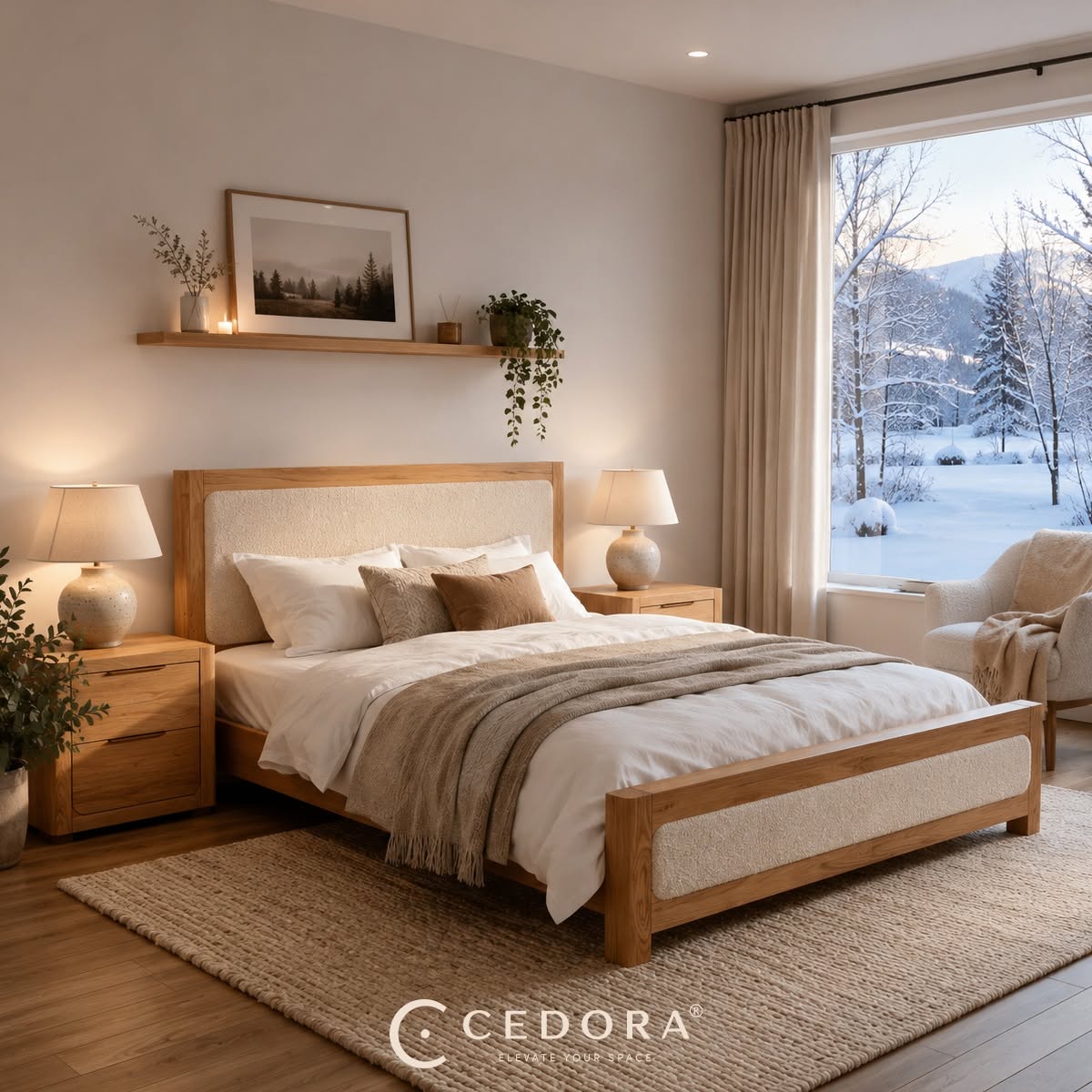 Liverpool Pine Bed Frame - Natural made up in white and grey linen in a bedroom with a snowy forest view, in a Cedora advert