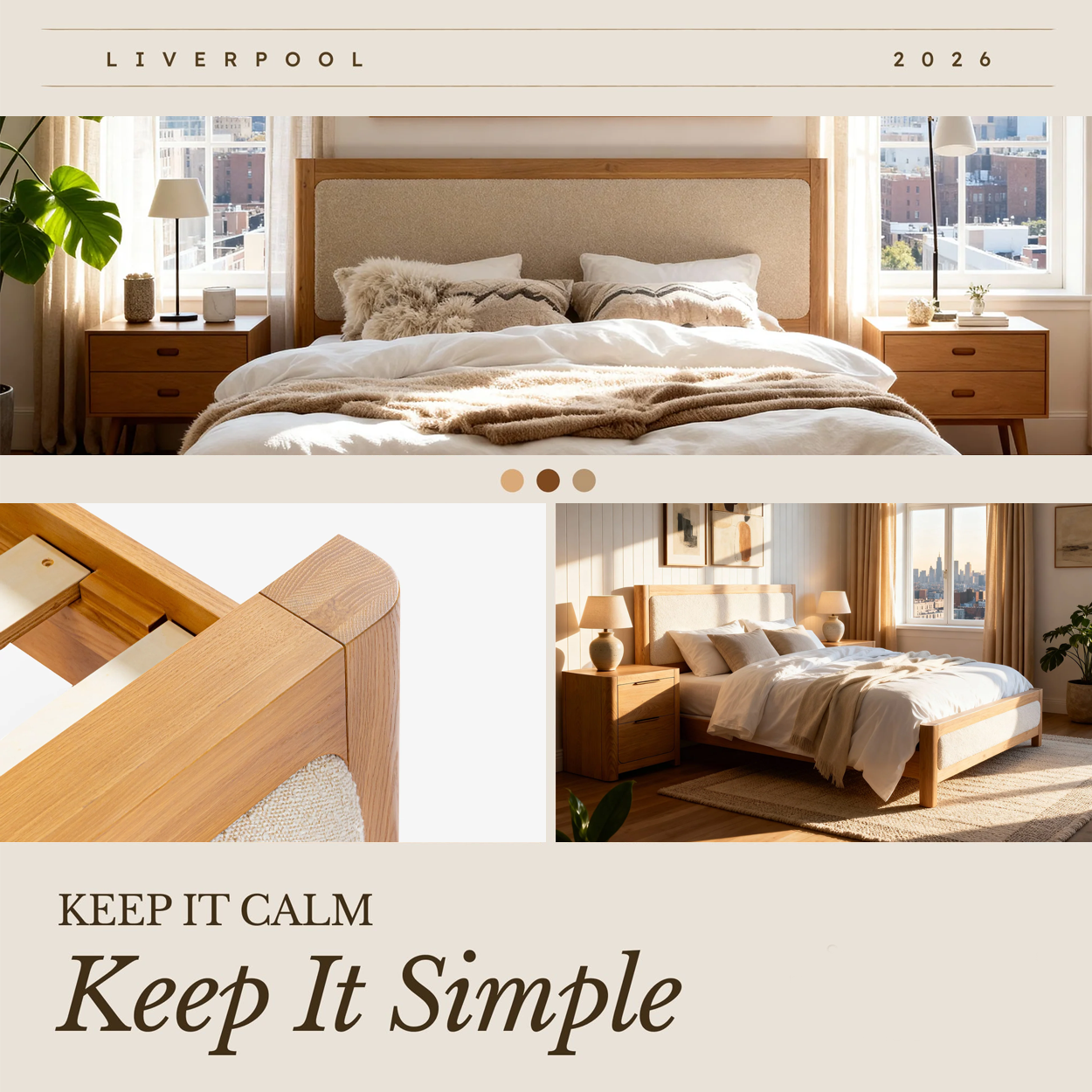 Liverpool Pine Queen Bed Frame - Natural made up in white and grey linen in a bedroom with a snowy forest view