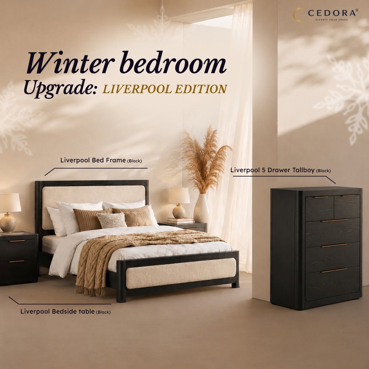 Liverpool Pine Double Bed Frame - Black labelled alongside the matching bedside table and tallboy