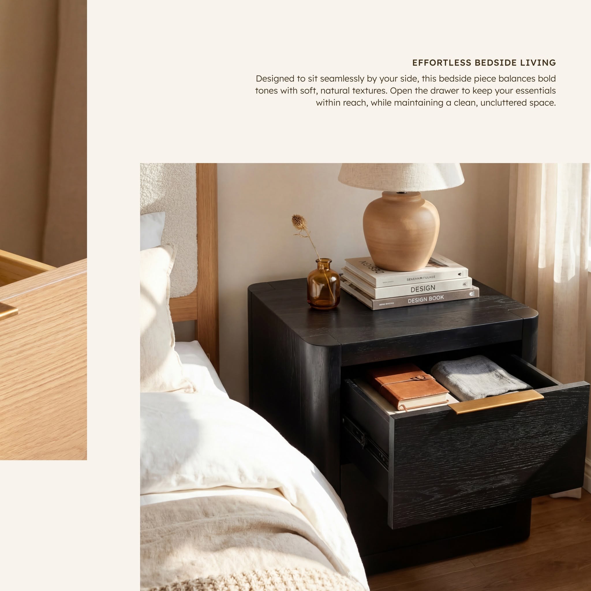 Liverpool Pine 2 Drawer Bedside Table - Black with the drawer open beside a ribbed table lamp, in a Cedora advert
