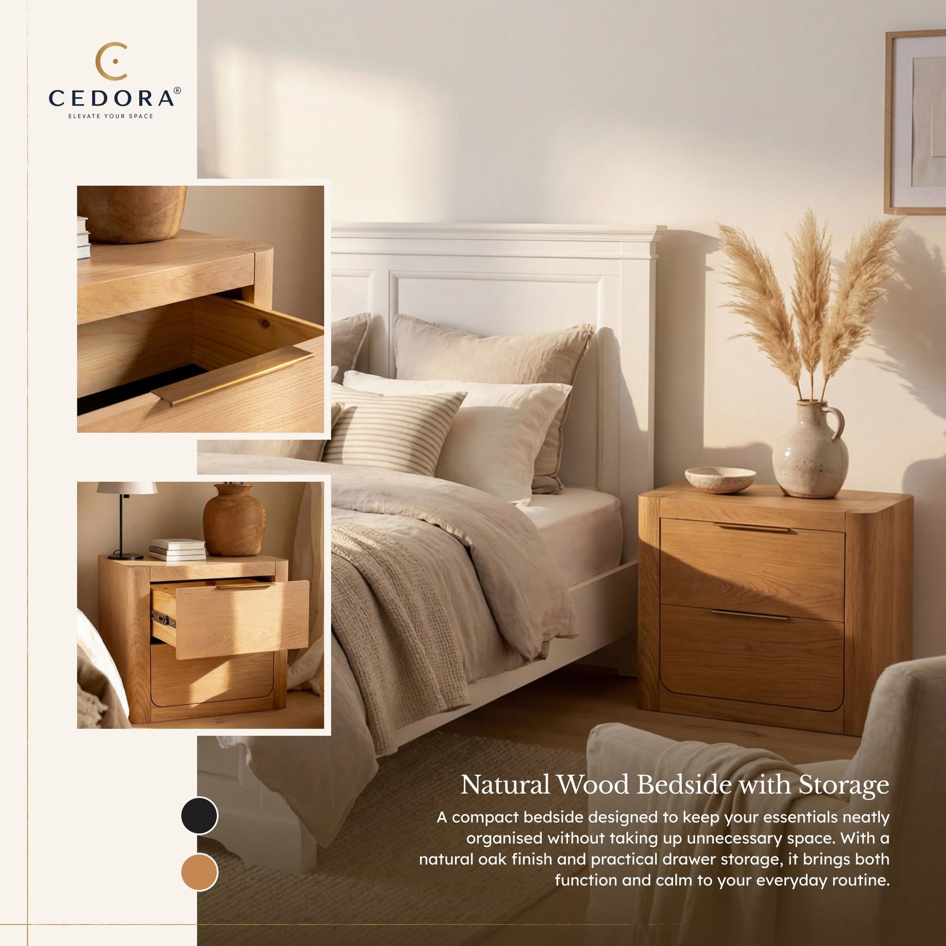 Liverpool Pine 2 Drawer Bedside Table - Natural styled beside a bed with pampas grass