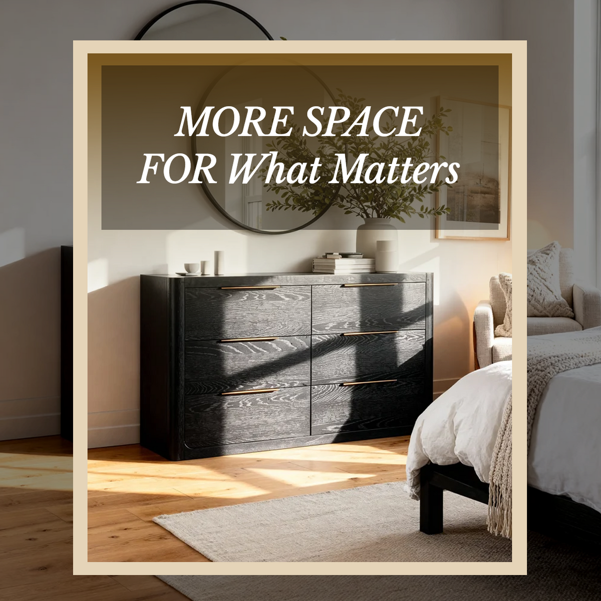 Liverpool Pine 6 Drawer Chest - Black below a round mirror beside a bed, in a Cedora advert