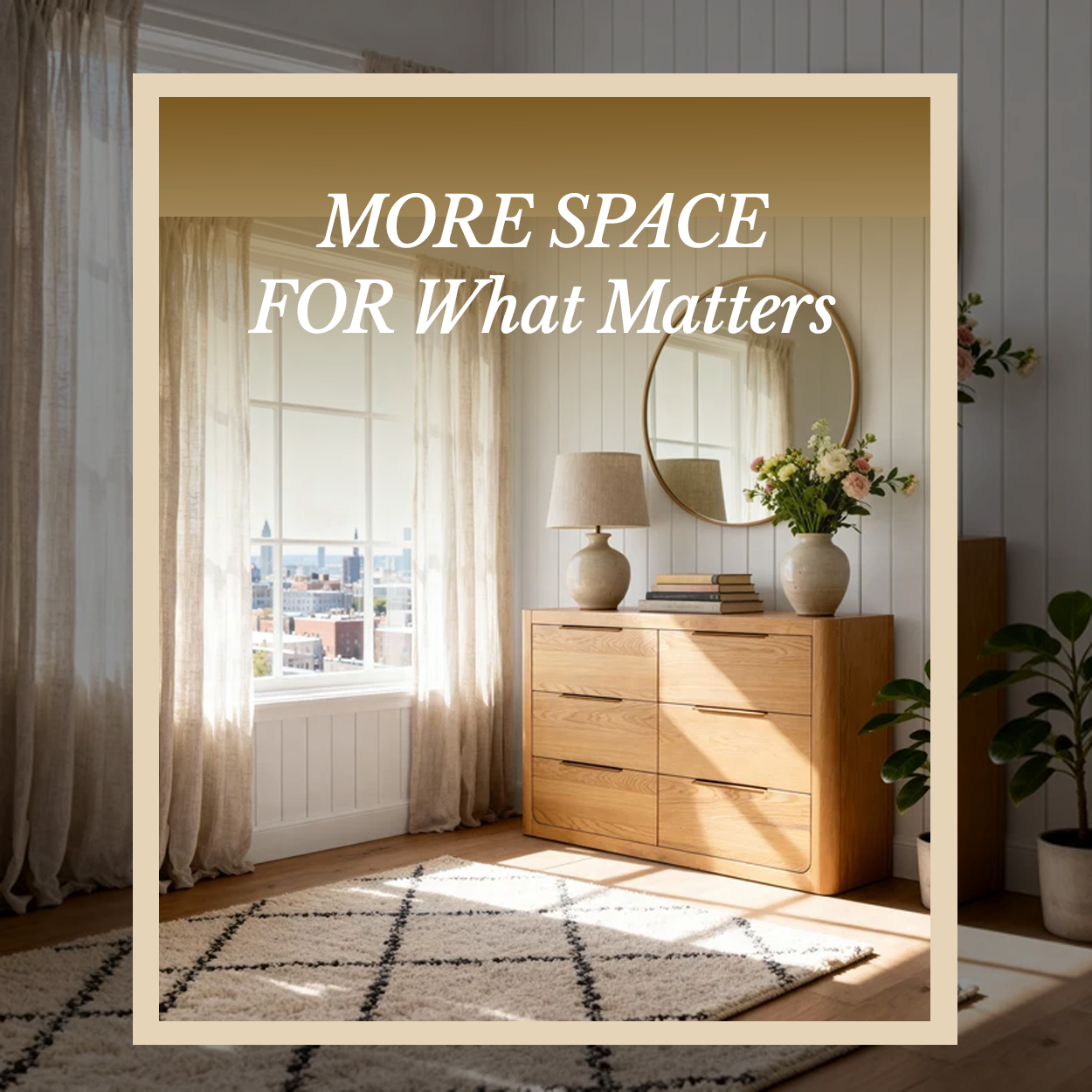 Liverpool Pine 6 Drawer Chest - Natural below a round mirror by a bright window, in a Cedora advert