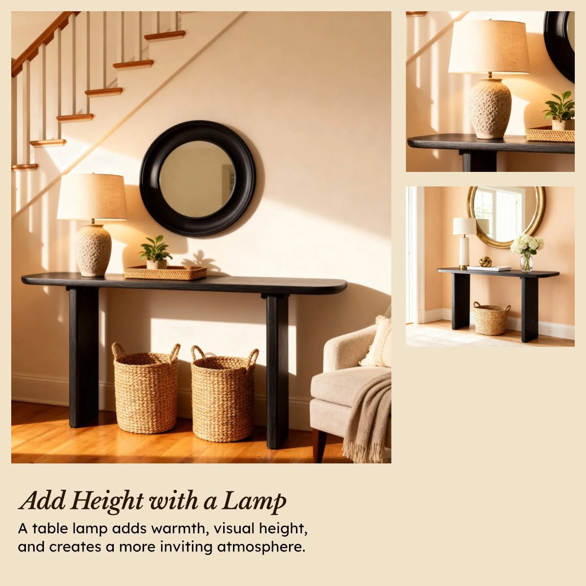 Liverpool Pine Console Table - Black holding woven baskets below a round mirror, in a Cedora advert