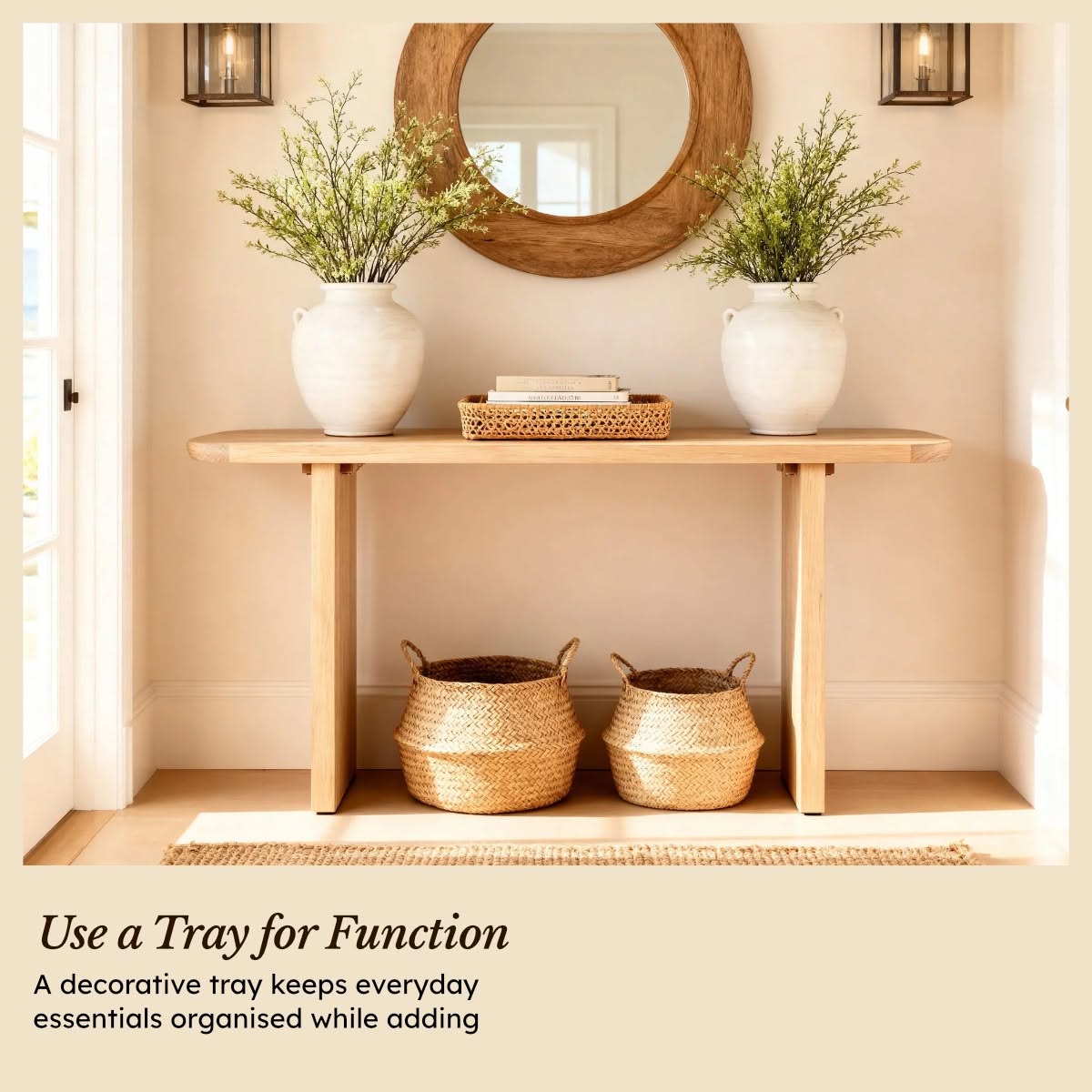 Liverpool Pine Console Table - Natural topped with potted greenery below a round mirror, in a Cedora advert