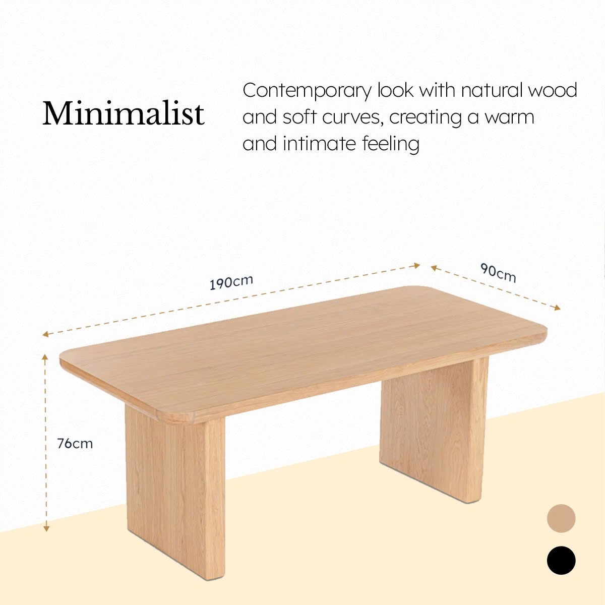 Liverpool Pine Dining Table 190cm - Natural marked 190cm by 90cm by 76cm with two finish swatches, in a Cedora spec graphic