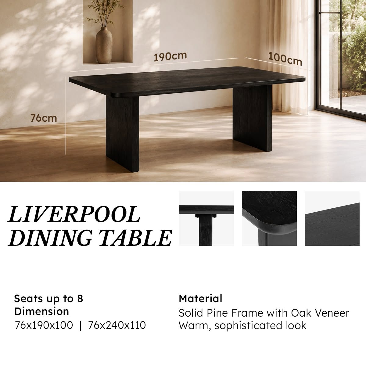 Liverpool Pine Dining Table 190cm - Black with close-ups of the leg and edge profile