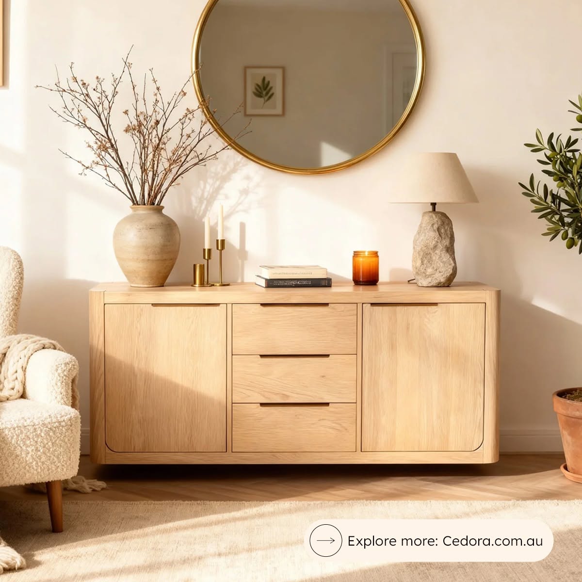 Liverpool Pine 2 Door 3 Drawer Sideboard - Natural below a round gold mirror with dried stems and a stone table lamp