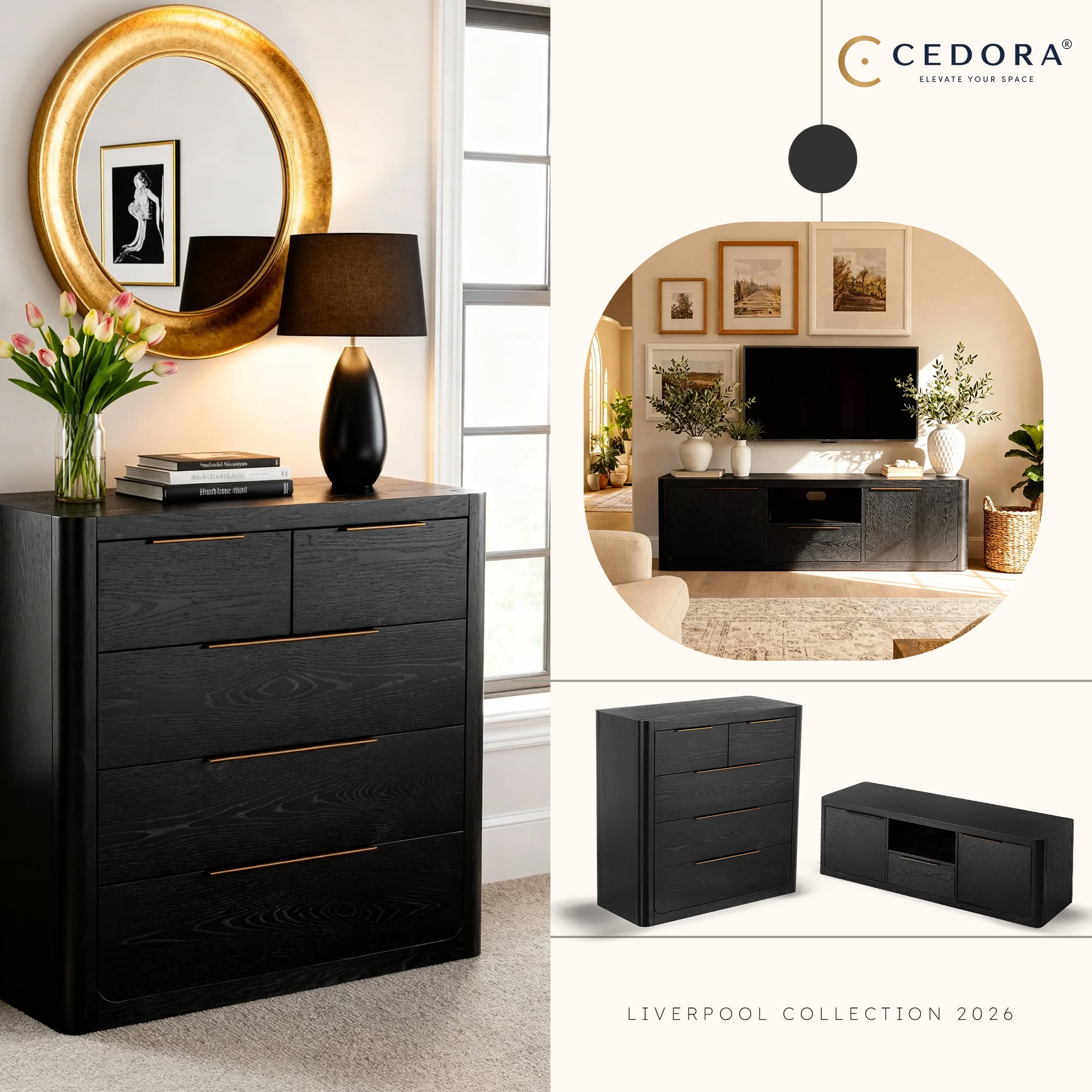 Liverpool Pine 5 Drawer Tallboy - Black below a gold mirror with an inset of the matching TV unit