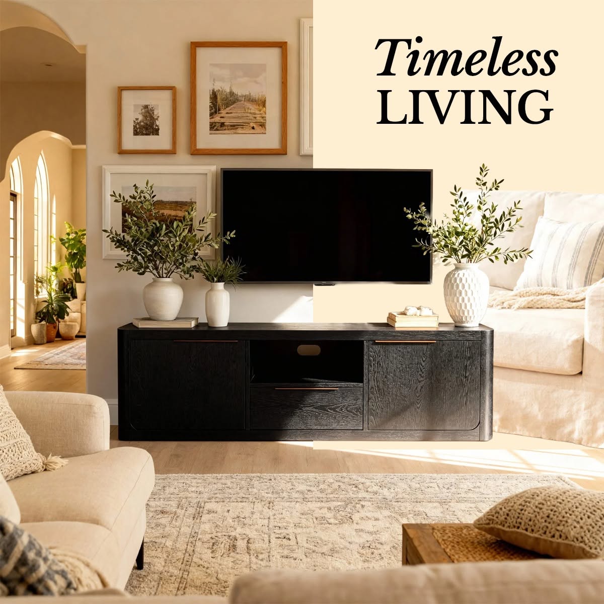 Liverpool Pine 2 Door 1 Drawer TV Unit - Black holding a television between two cream sofas, in a Cedora advert