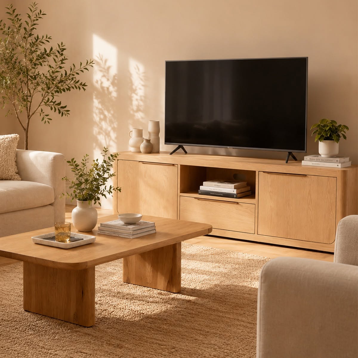 Liverpool Pine living room range holding a television beside a matching coffee table and an olive tree, in a Cedora advert