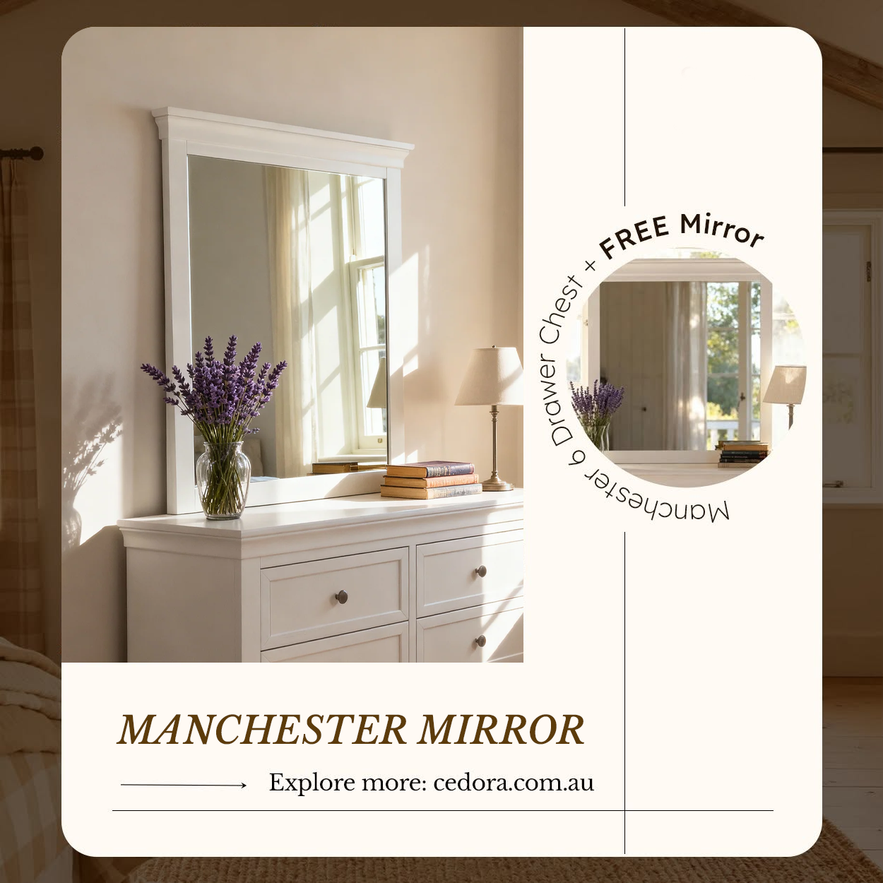 Manchester Pine Mirror hung above a matching white chest with a jug of lavender by a sunlit window, in a Cedora advert