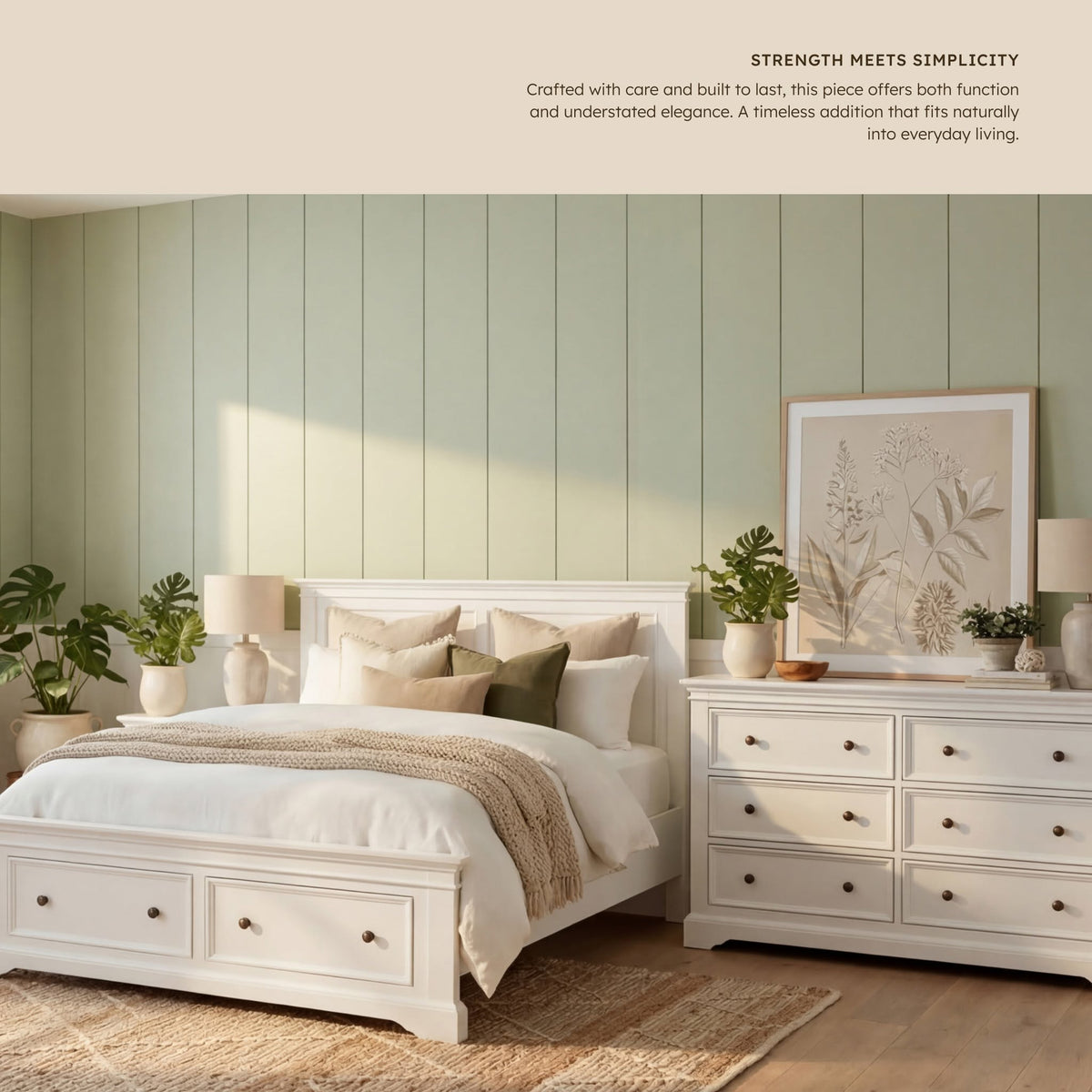 Manchester Pine Bed Frame with 2 Drawers beside a matching chest against green panelling, in a Cedora advert