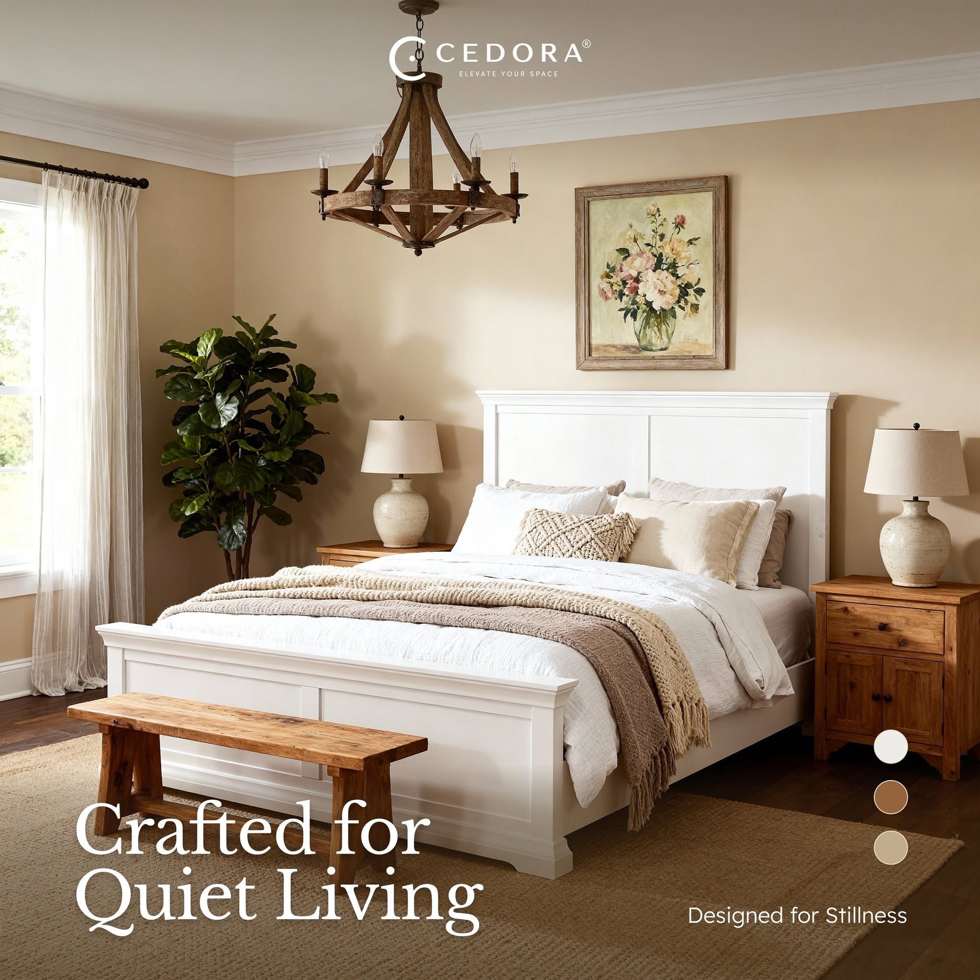 Manchester Pine Bed Frame below a chandelier with a timber bench at its foot, in a Cedora advert