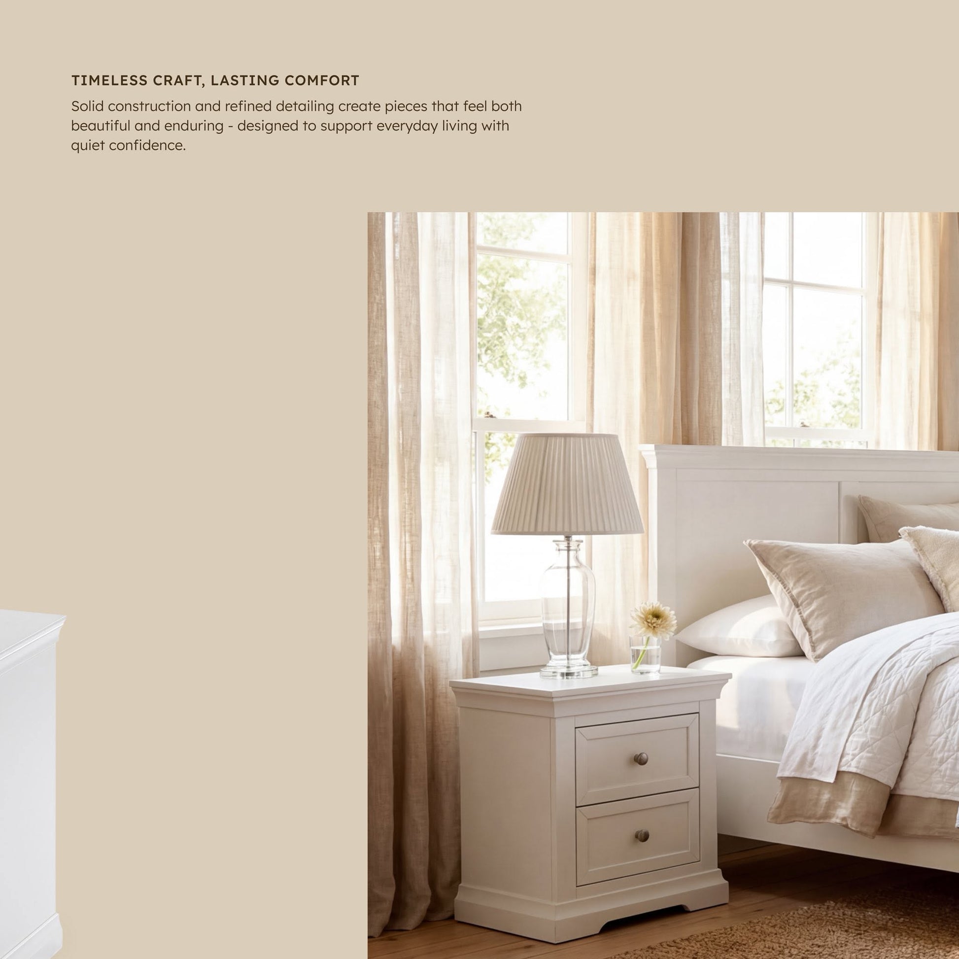 Manchester Pine 2 Drawer Bedside Table beside a bed under a pleated lamp, in a Cedora advert