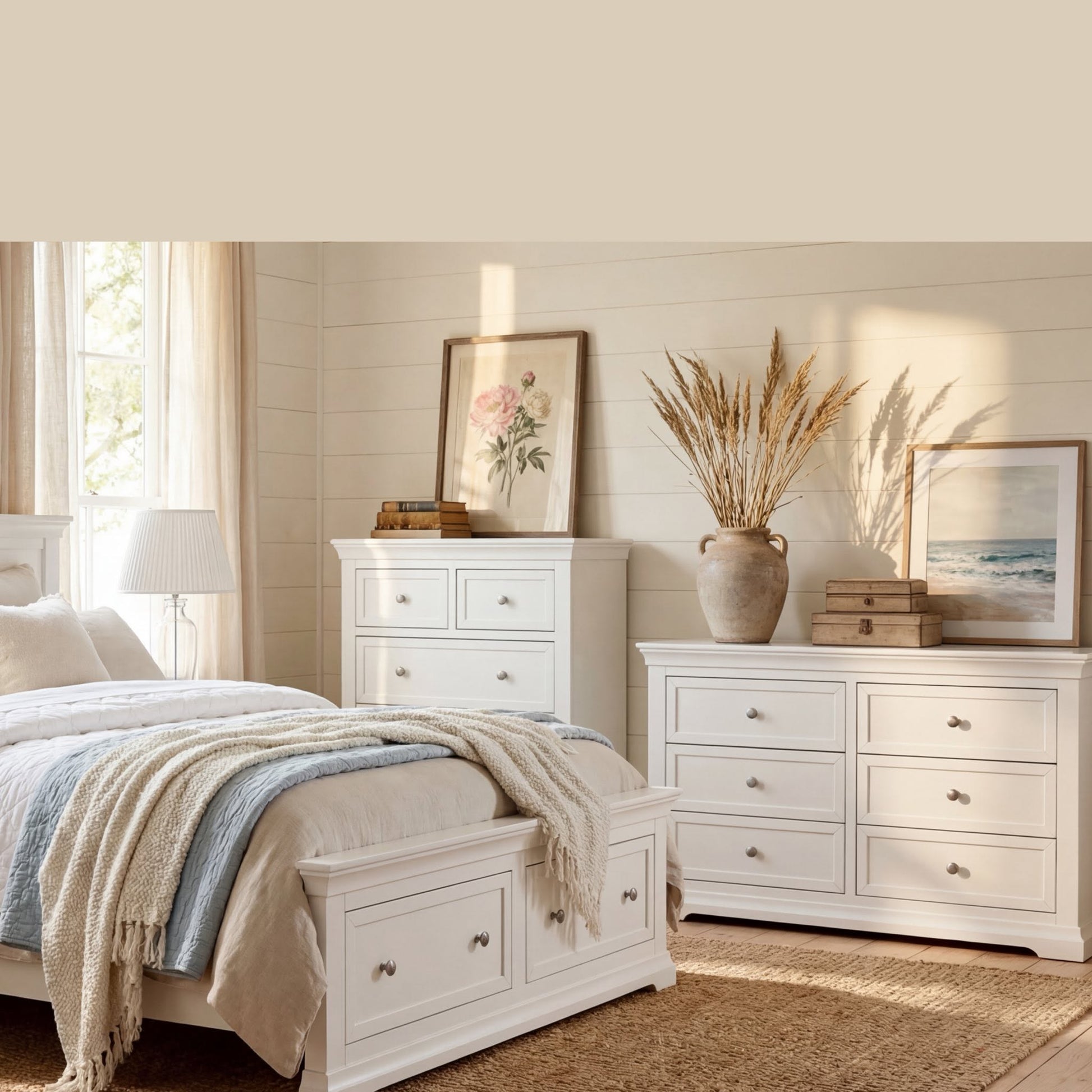 Manchester Pine bedroom range styled with dried grasses and framed prints beside a matching tallboy, in a Cedora advert