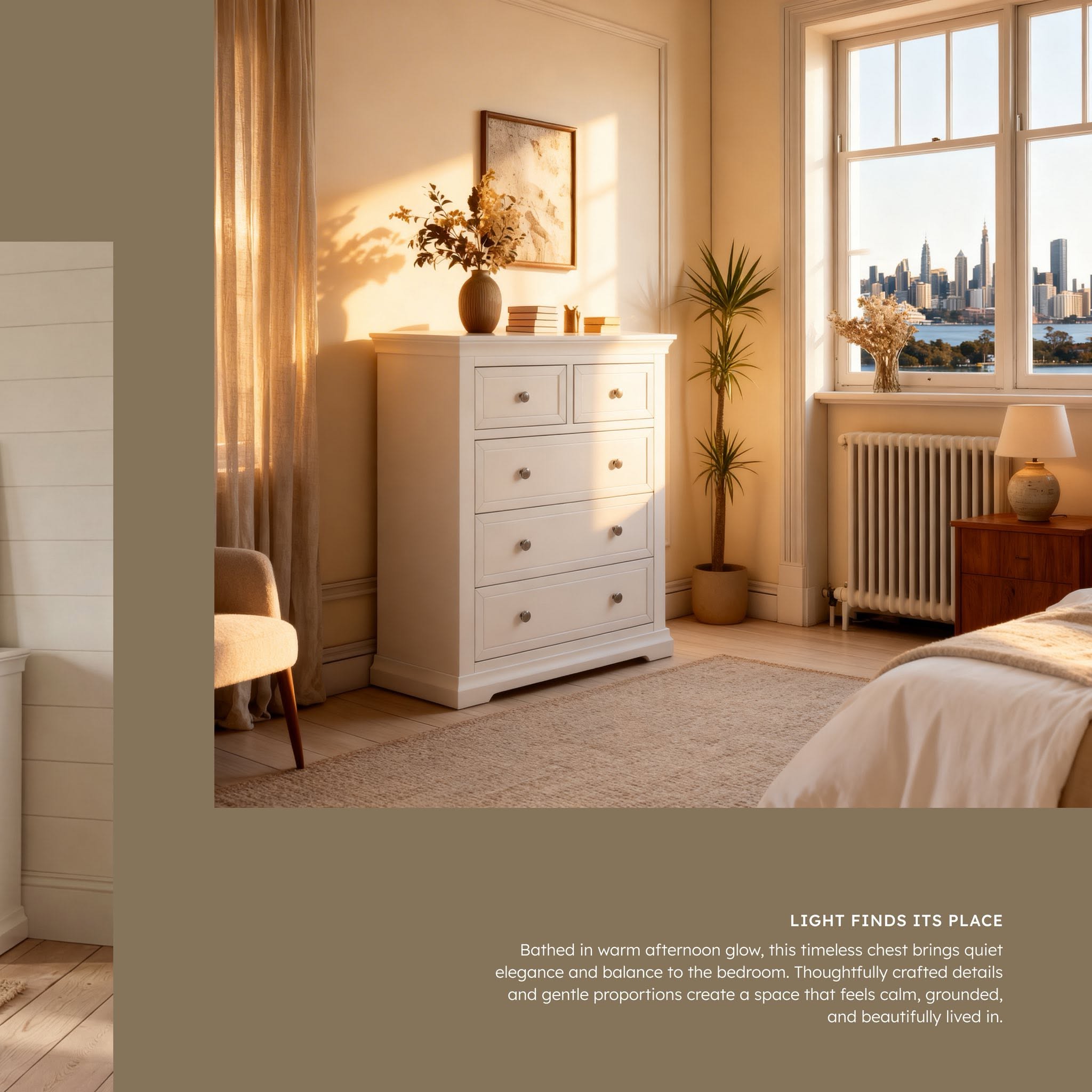 Manchester Pine 5 Drawer Tallboy in a sunlit room with a city view window, in a Cedora advert captioned Light Finds Its Place