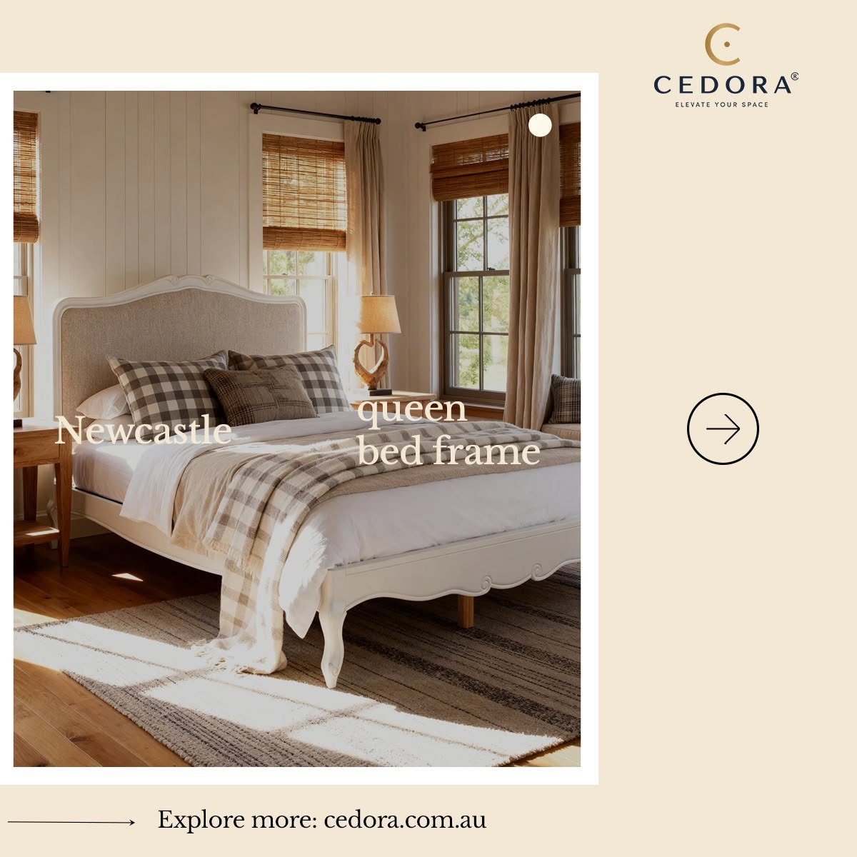 Newcastle Acacia Queen Bed Frame dressed in checked linen under woven blinds in a timber panelled bedroom, in a Cedora advert