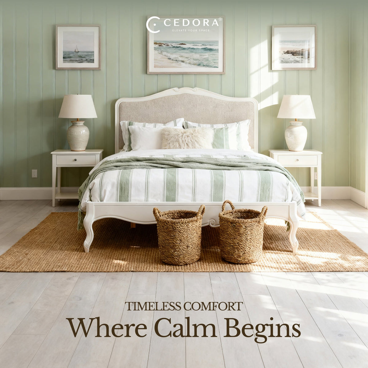 Newcastle Acacia King Bed Frame between two bedside tables against sage panelling, in a Cedora advert