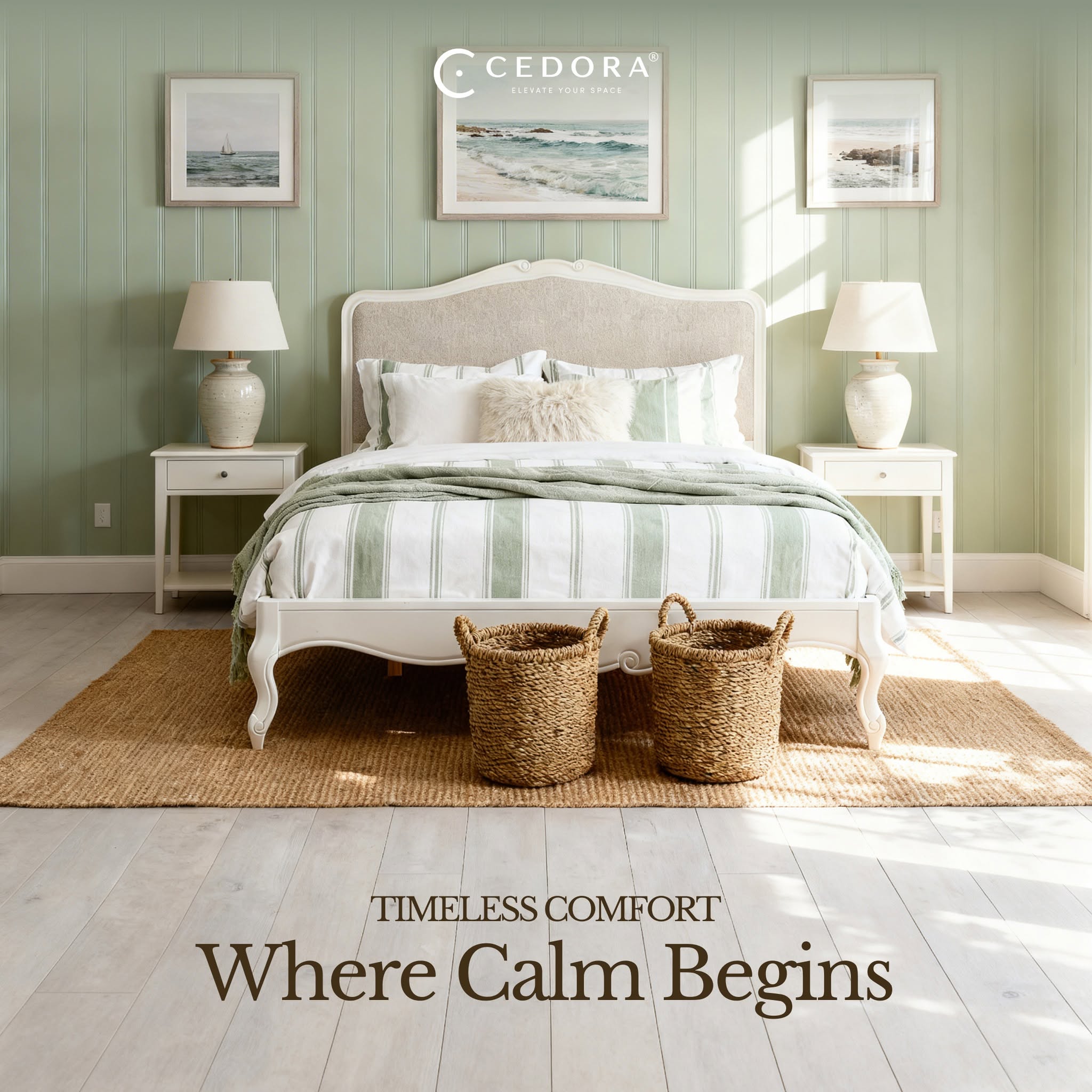 Newcastle Acacia King Bed Frame between two bedside tables against sage panelling, in a Cedora advert