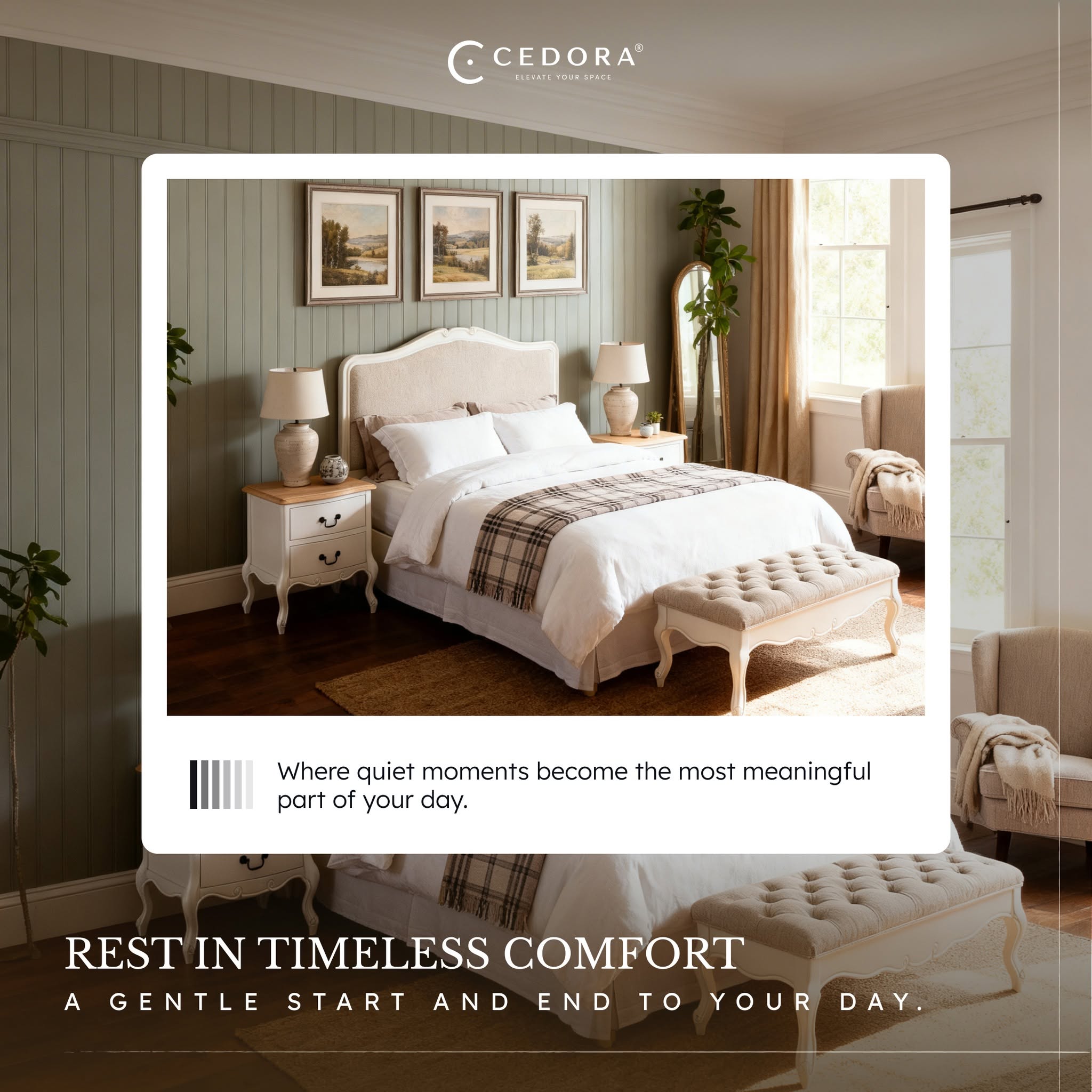 Newcastle Acacia 2 Drawer Bedside Table beside an upholstered bed and framed art, in a Cedora advert