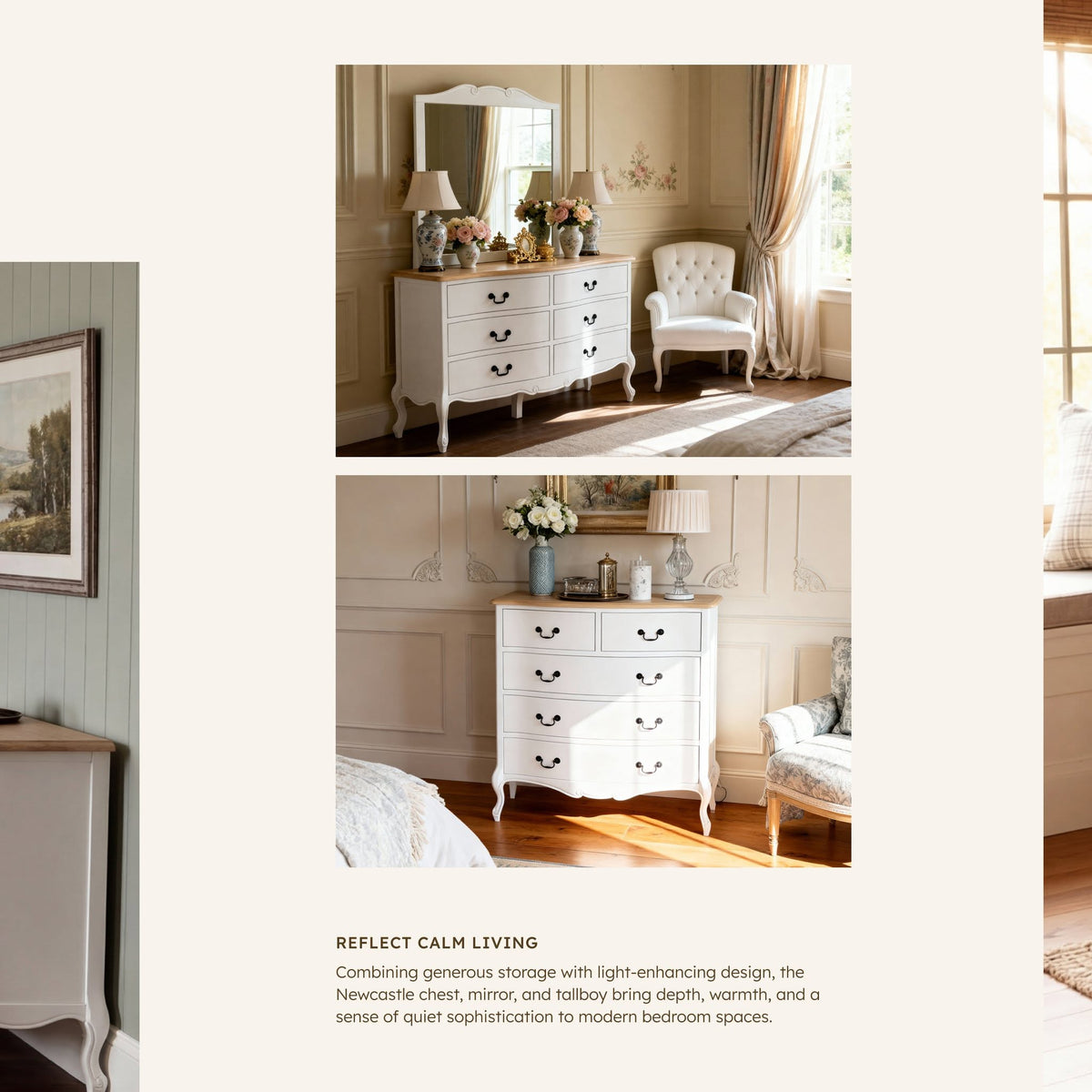 Newcastle Acacia bedroom range shown with the matching mirror and tallboy in a soft floral bedroom