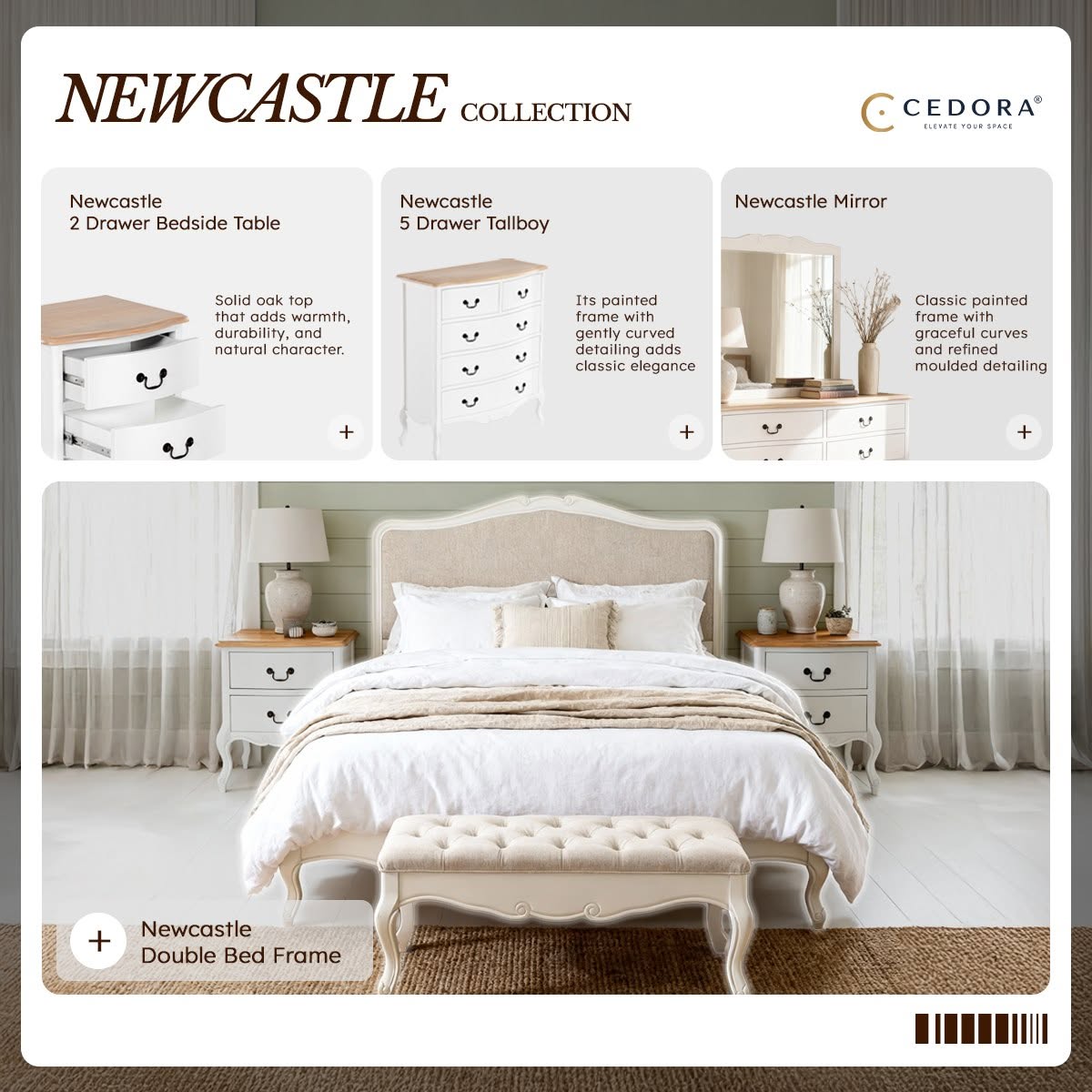 Newcastle Acacia Double Bed Frame listed with the bedside table, tallboy and mirror, in a Cedora Newcastle Collection advert