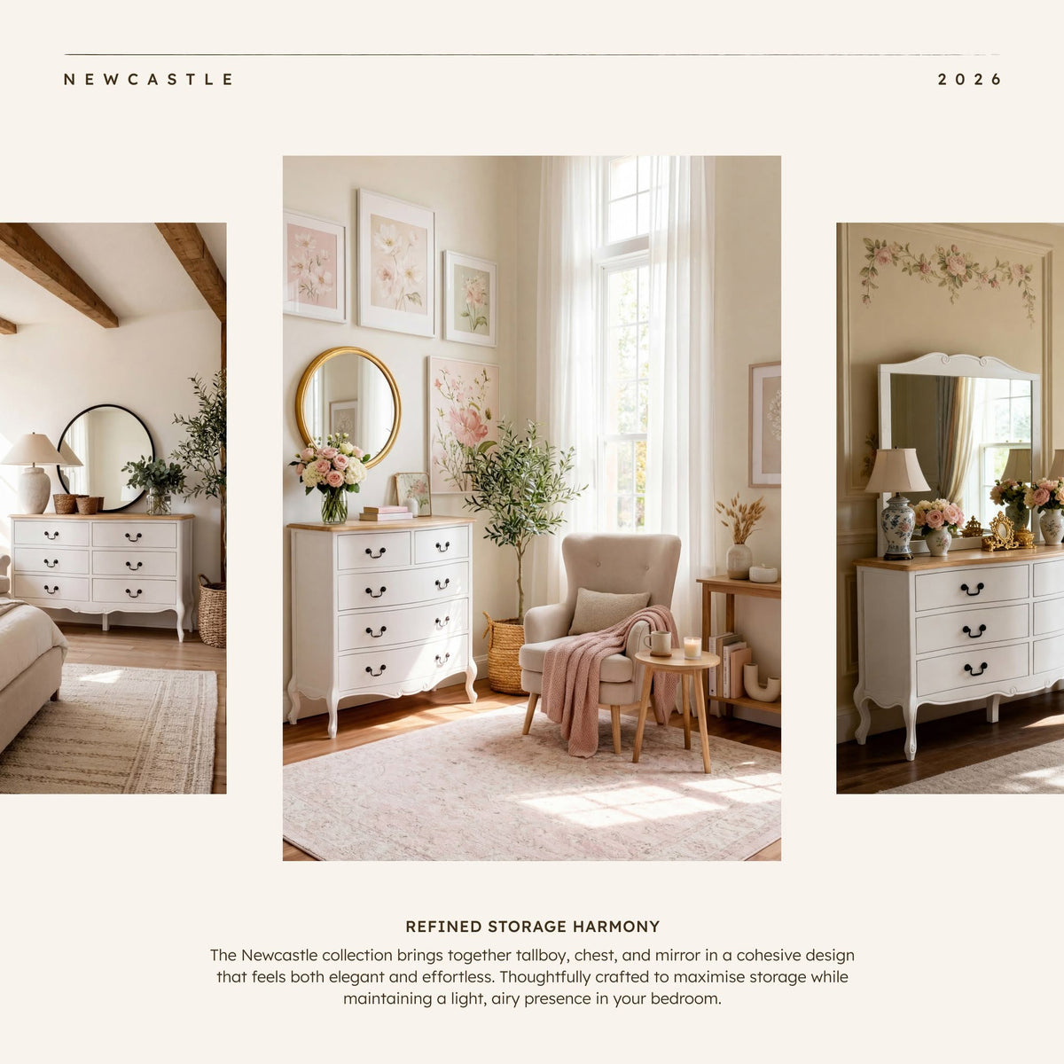Newcastle Acacia 5 Drawer Tallboy styled with flowers and a round mirror, in a Cedora collage advert