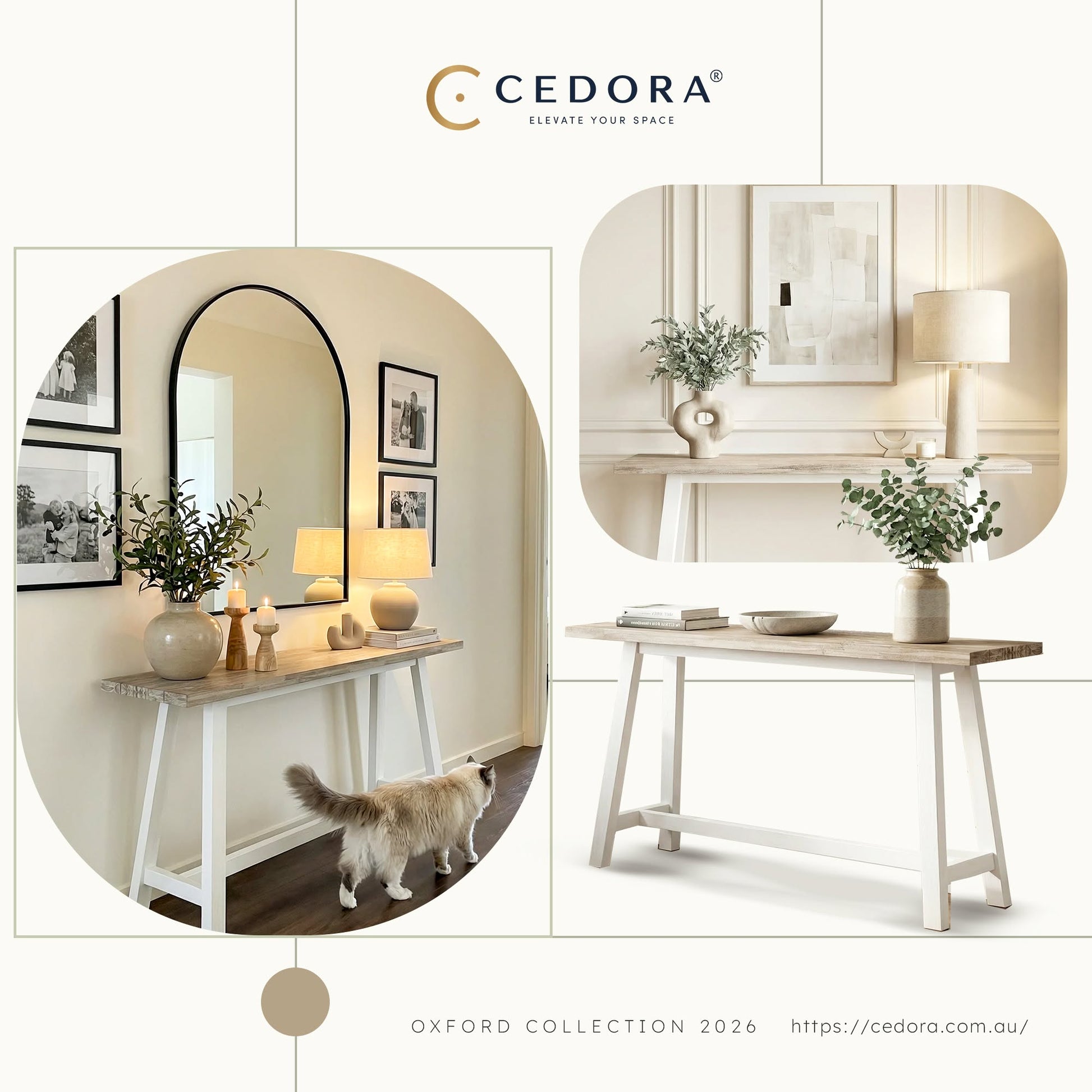 Oxford Acacia Console Table styled with olive stems and a lamp below an arched mirror, in a Cedora collage advert