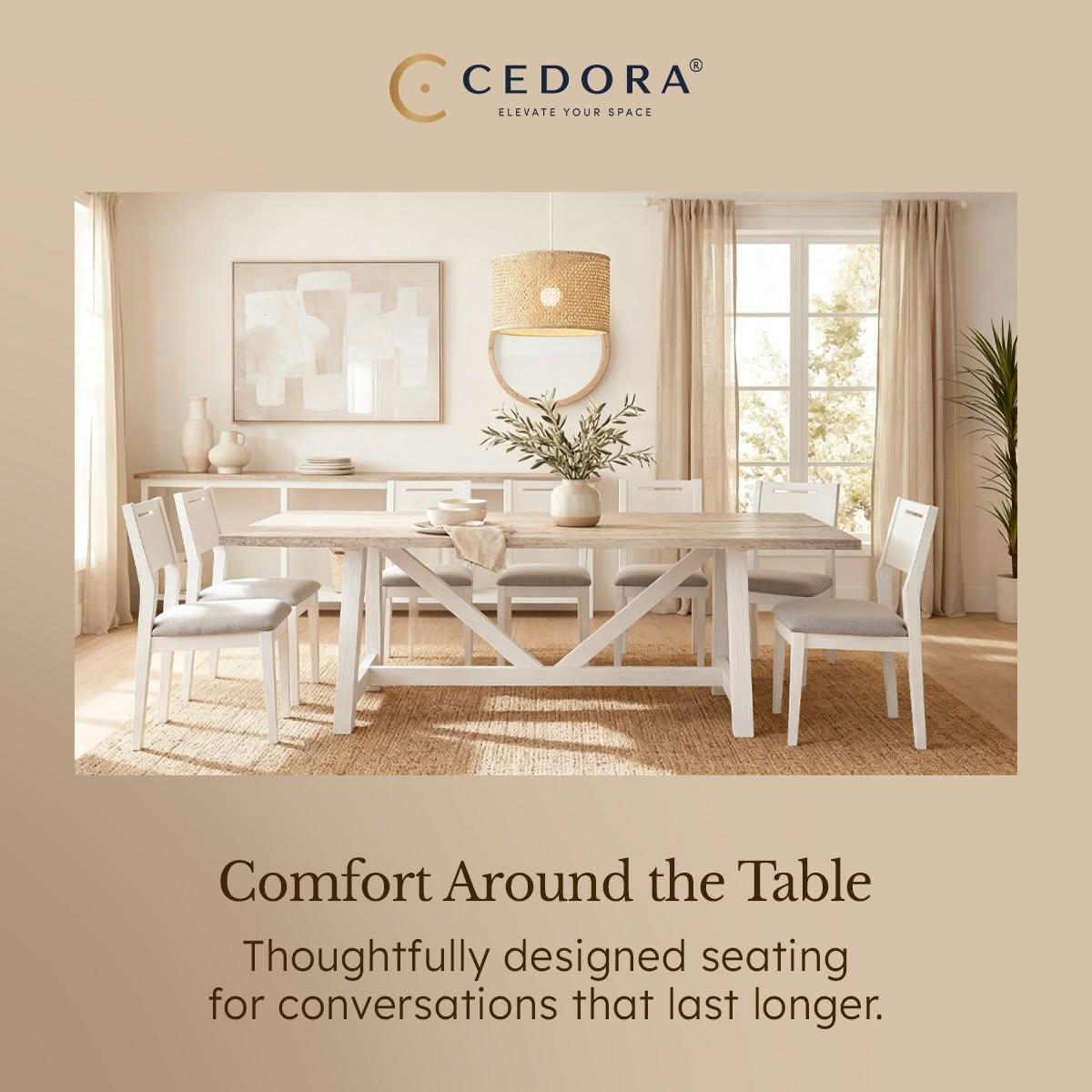Oxford Acacia Dining Table 190cm below a woven pendant on a jute rug, in a Cedora advert captioned Comfort Around the Table