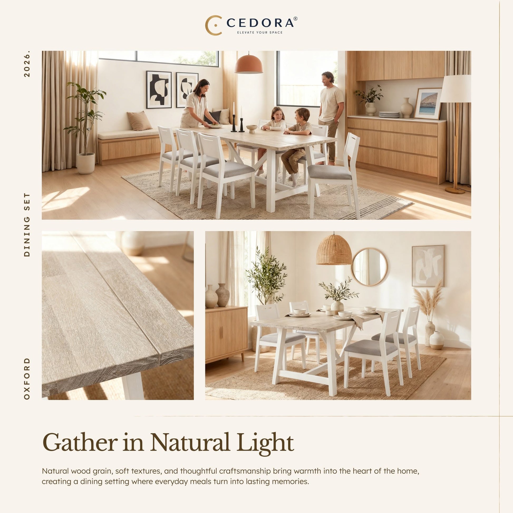 Oxford Acacia Dining Table with 6 Chairs shown with a family seated around it in a bright kitchen, in a Cedora advert