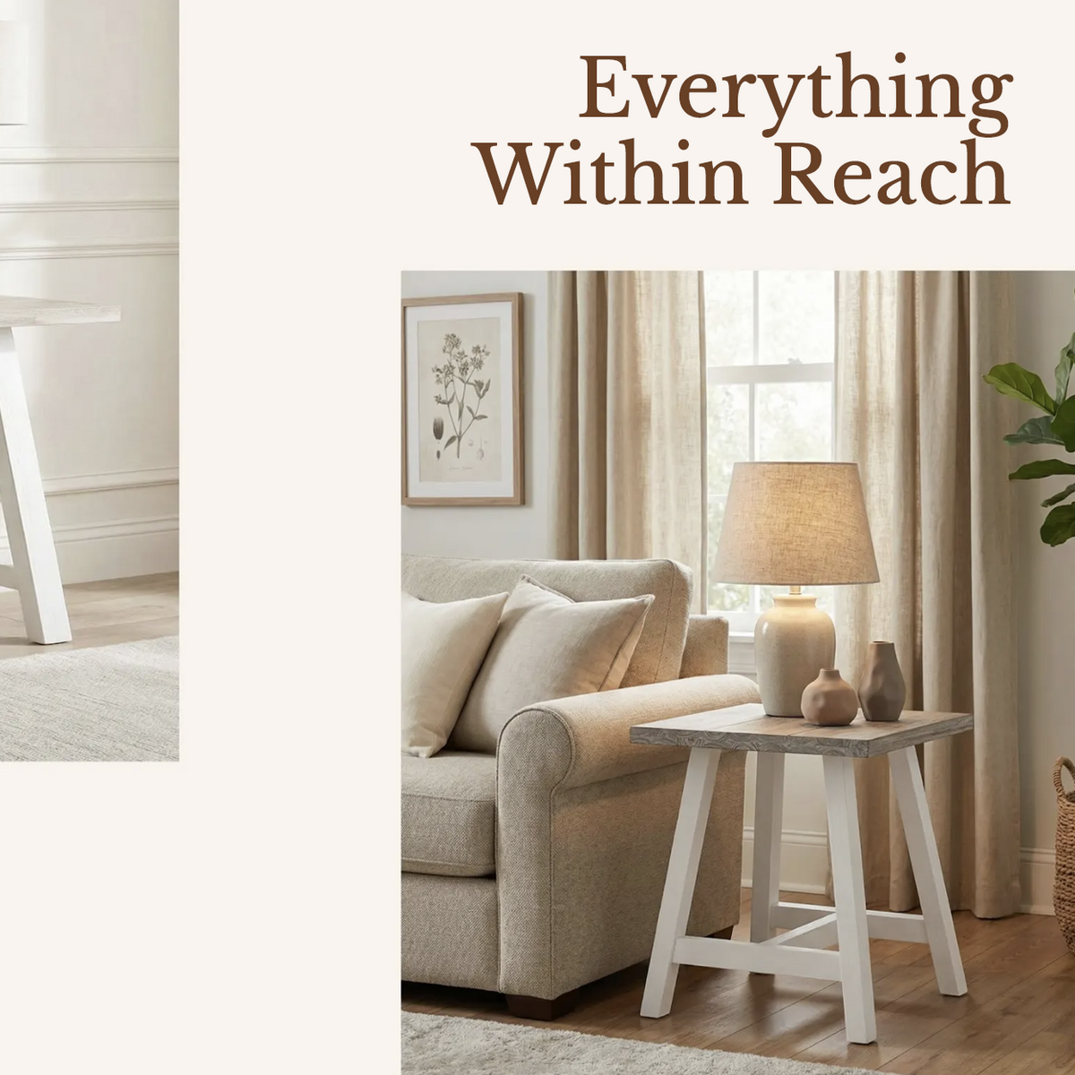 Oxford Acacia Side Table beside a linen sofa under a woven table lamp, in a Cedora advert captioned Everything Within Reach