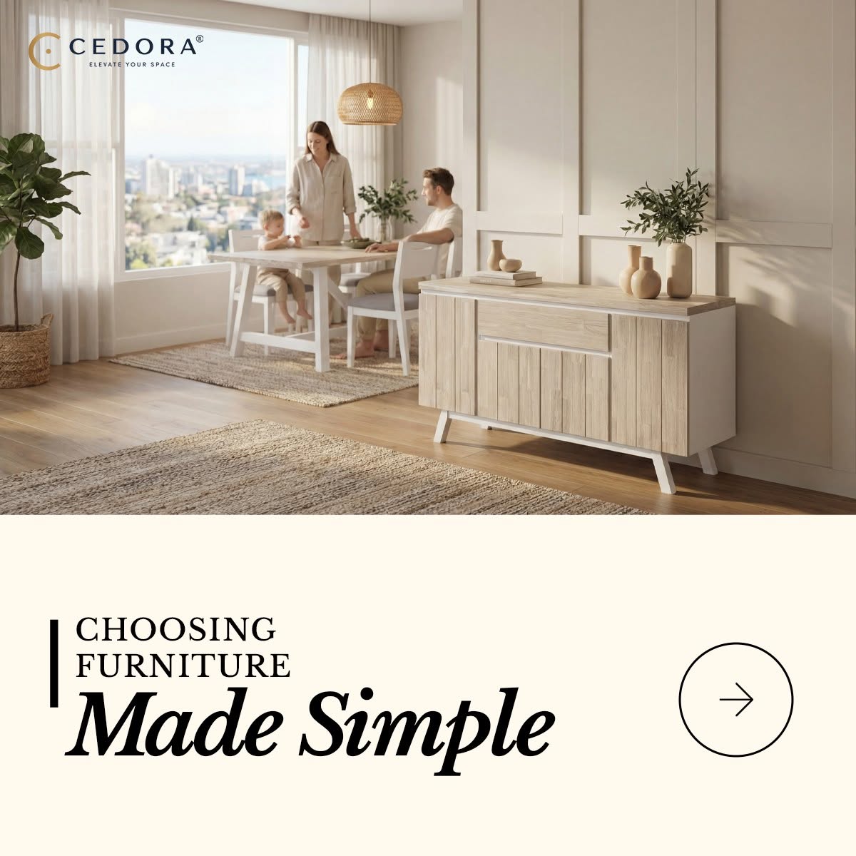Oxford Acacia 4 Door 1 Drawer Sideboard in an apartment with a city view, in a Cedora advert