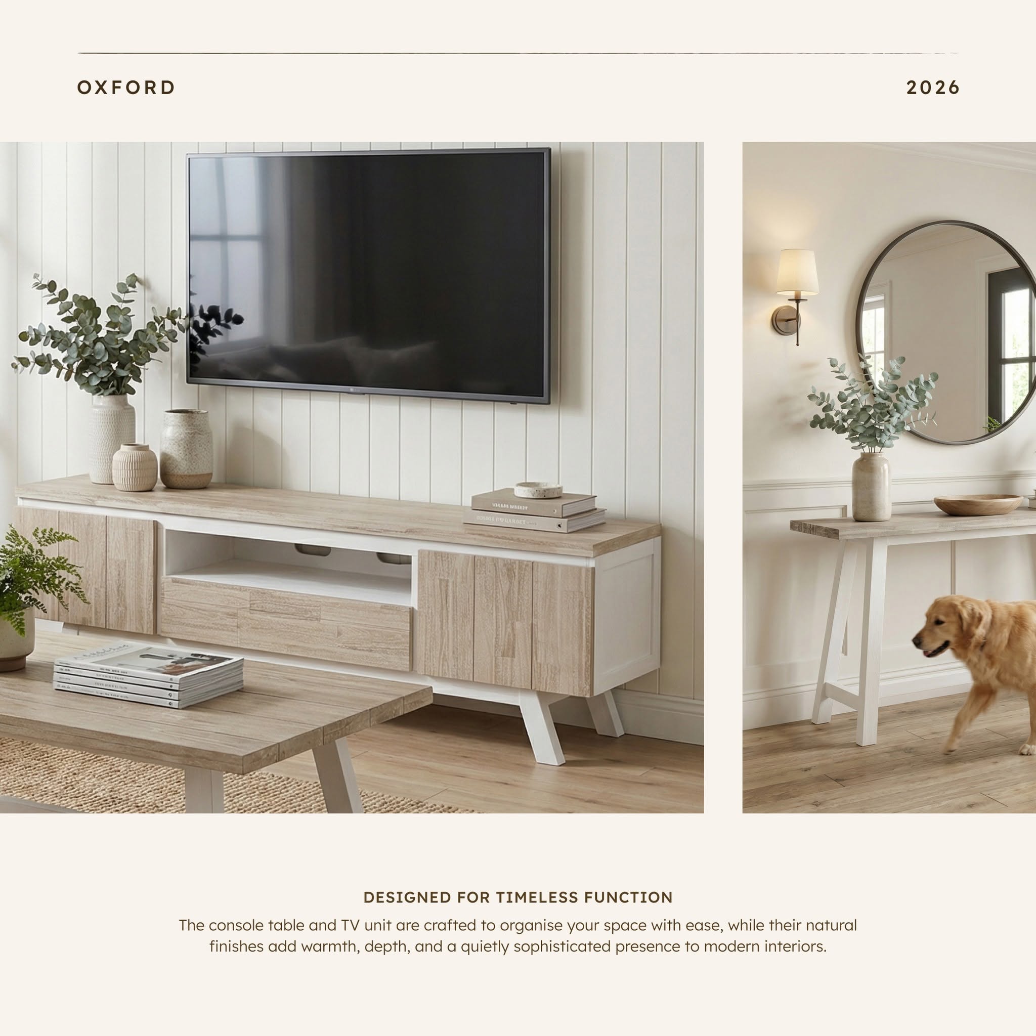 Oxford Acacia TV Unit holding a television beside a console table, in a Cedora advert