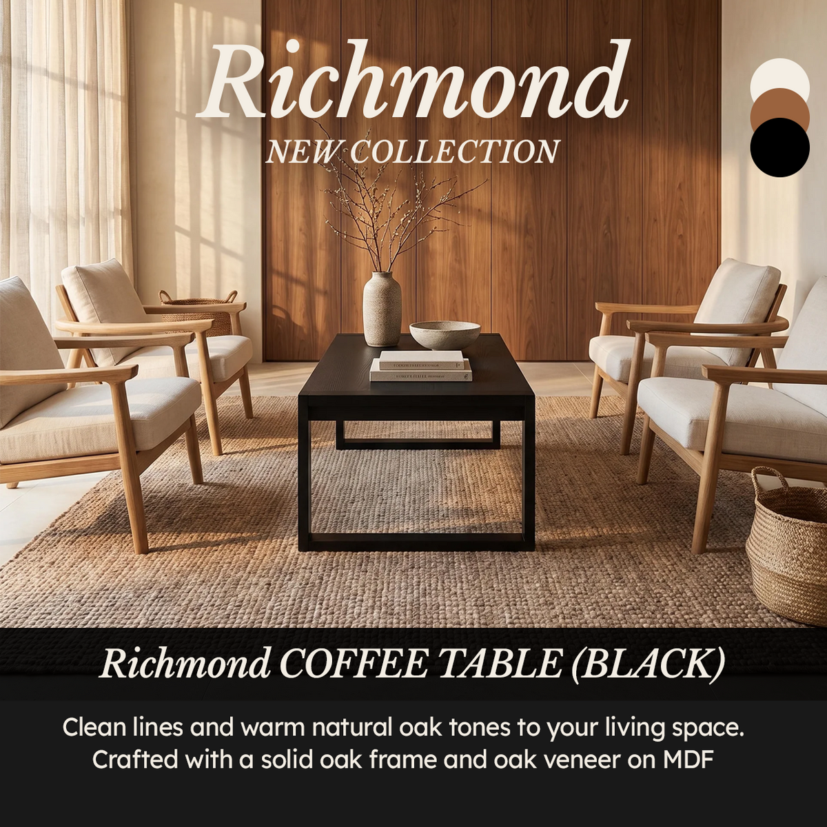 Richmond Pine Coffee Table - Black between rattan armchairs on a jute rug, in a Cedora Richmond New Collection advert