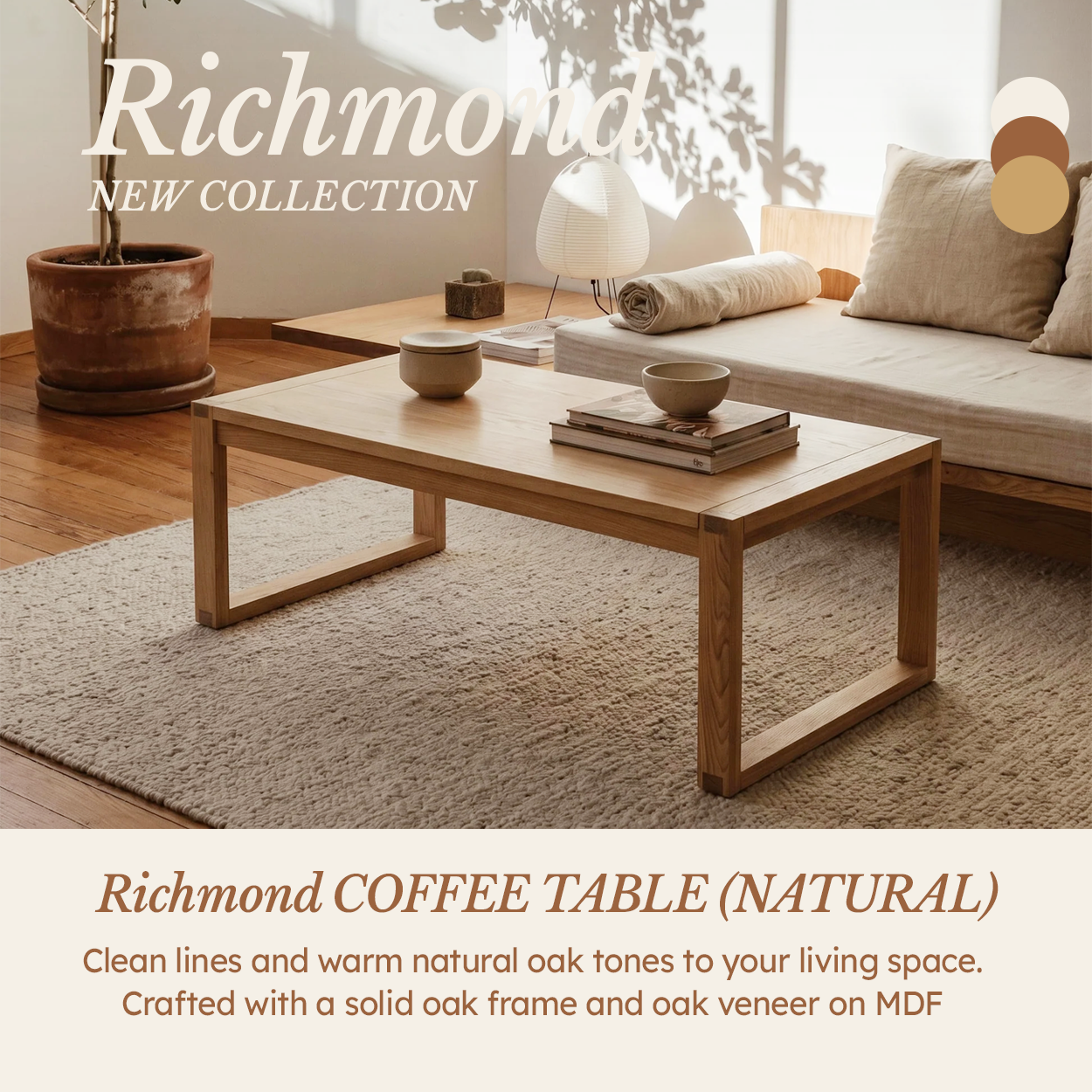 Richmond Pine Coffee Table - Natural beside a low sofa with books and a bowl on top