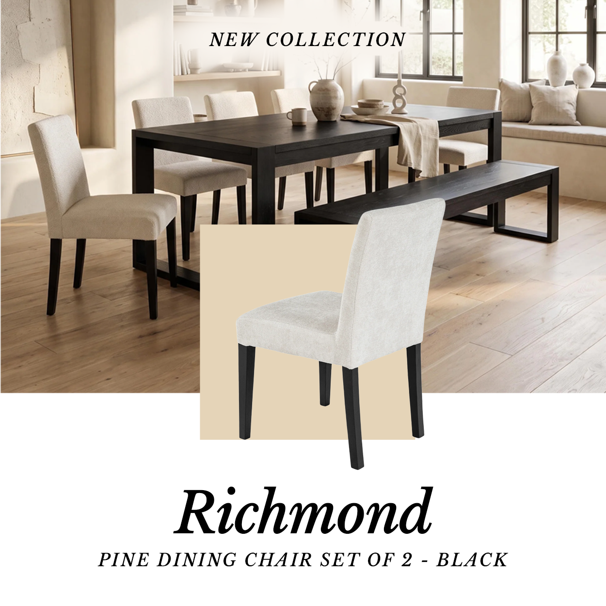 Richmond Pine Dining Chair Set of 2 - Black shown as a single chair inset over a dining setting