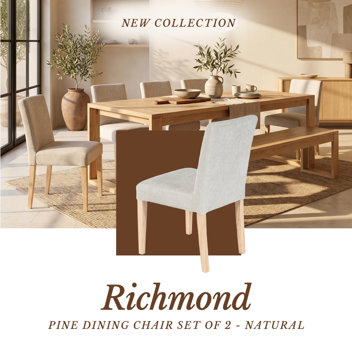 Richmond Pine Dining Chair Set of 2 - Natural shown as a single chair inset over a dining setting