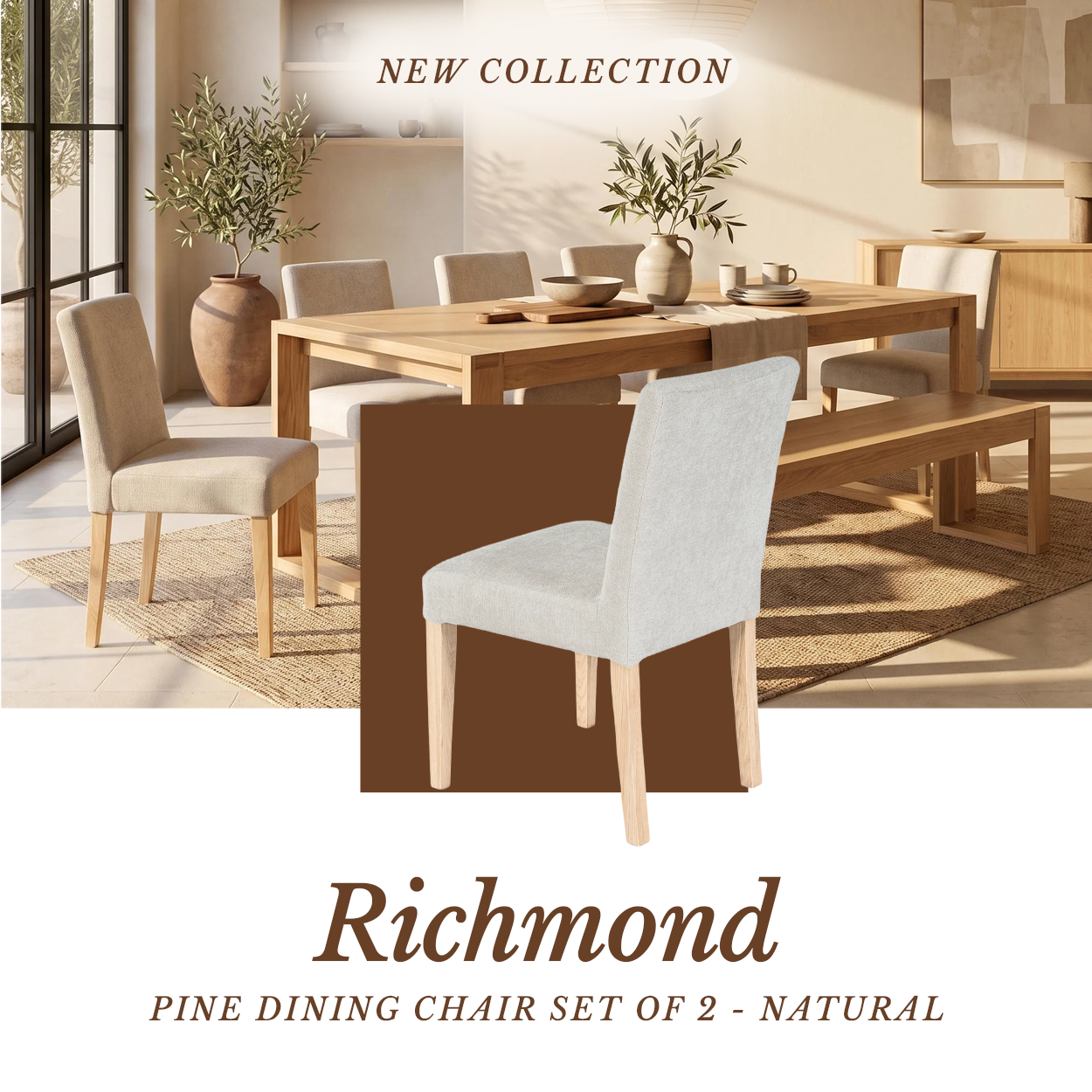 Richmond Pine Dining Chair Set of 2 - Natural shown as a single chair inset over a dining setting