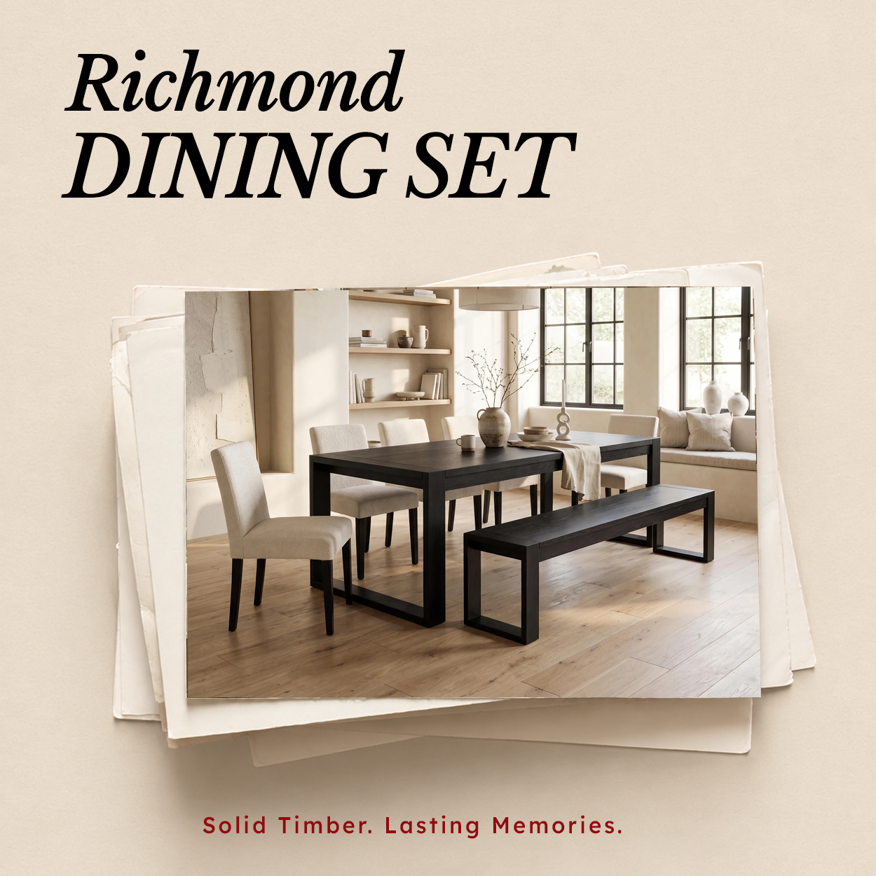Richmond Pine Dining Bench - Black shown alongside the matching table and upholstered chairs